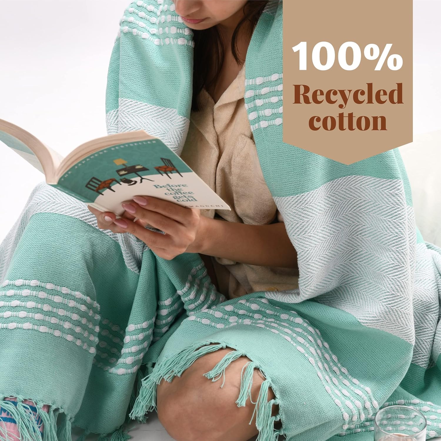 Folkulture 50 X 60" Throws 100% Recycled Cotton Herringbone  - Water green