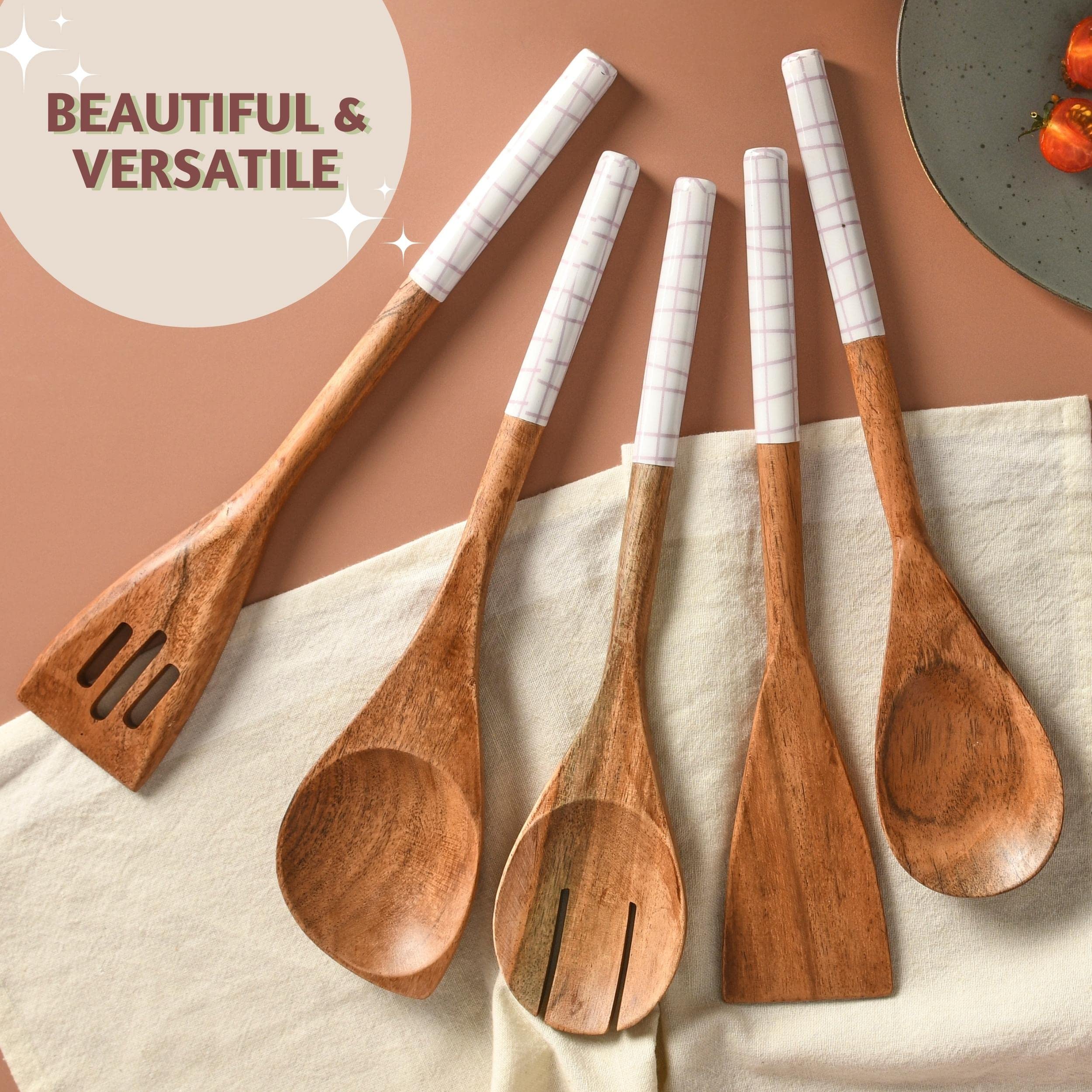 Folkulture Wooden Cooking Utensils White Checks - Set of 5