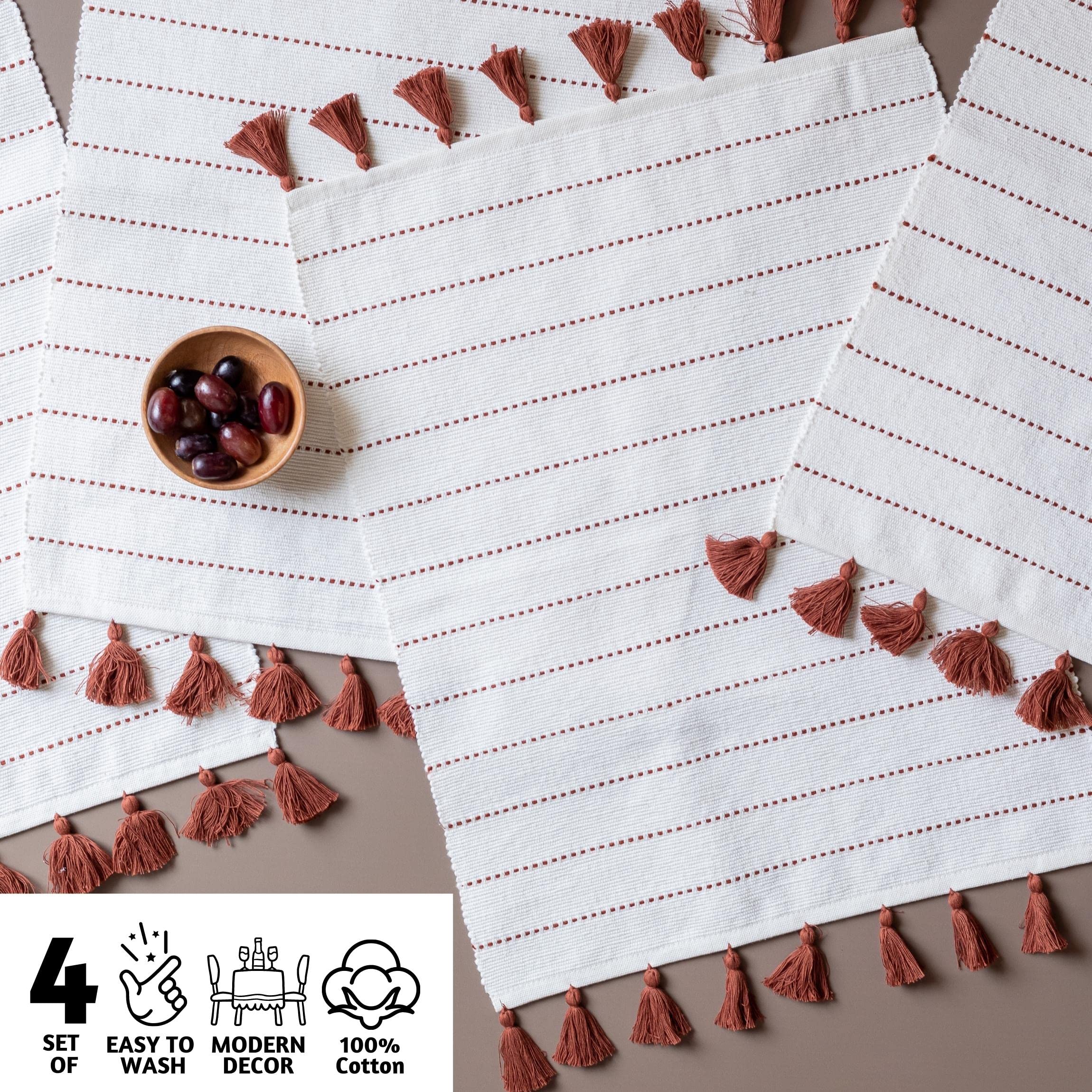 Folkulture Placemats Set of 4, 14 x19 Inches 100% Cotton Farmhouse Placemats or Woven Placemats for Table Decor,Bohemian Table Mats with Tassels for Home Decor, Terracotta