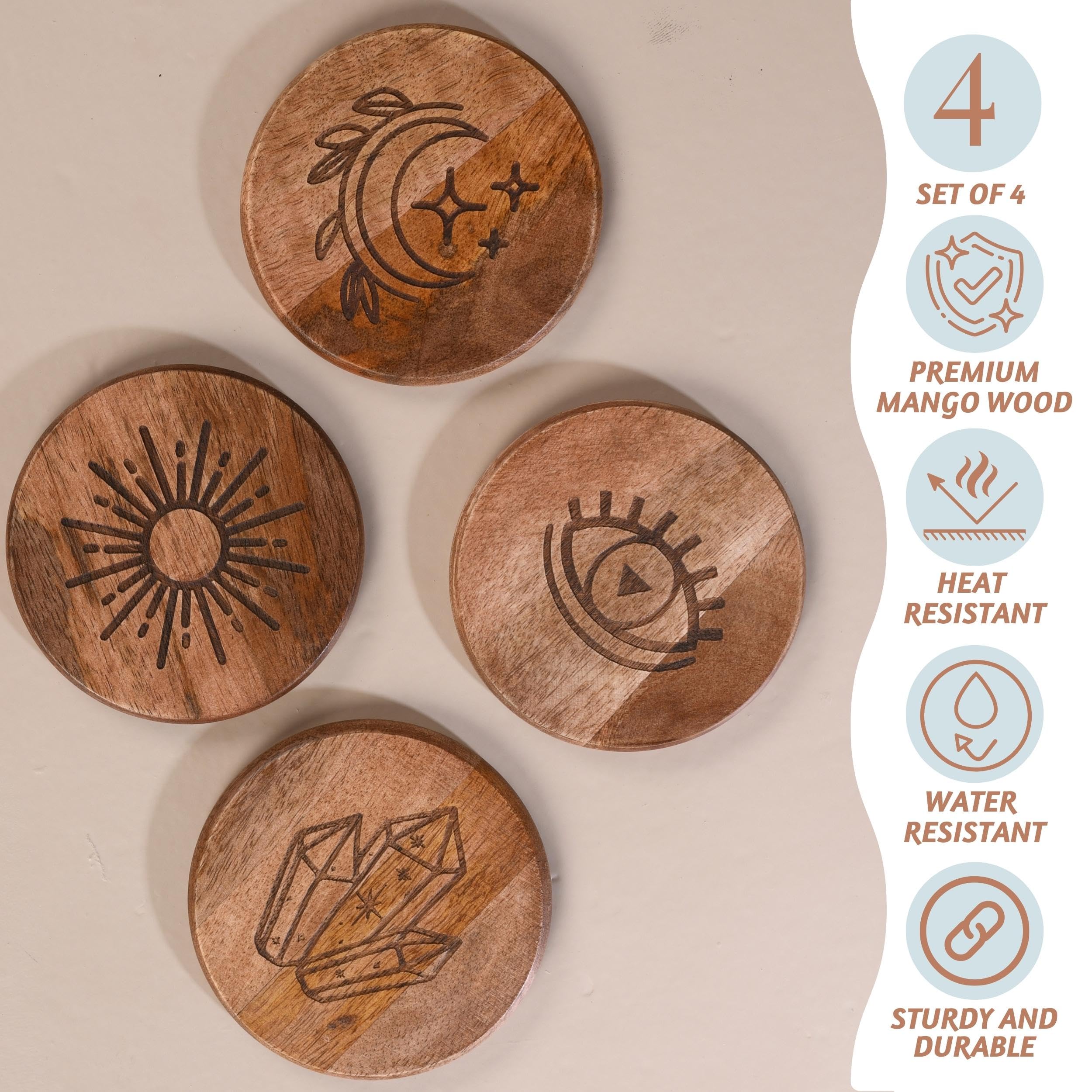 Set of 4, 4" Round Mango Wood Boho Coasters with Holder