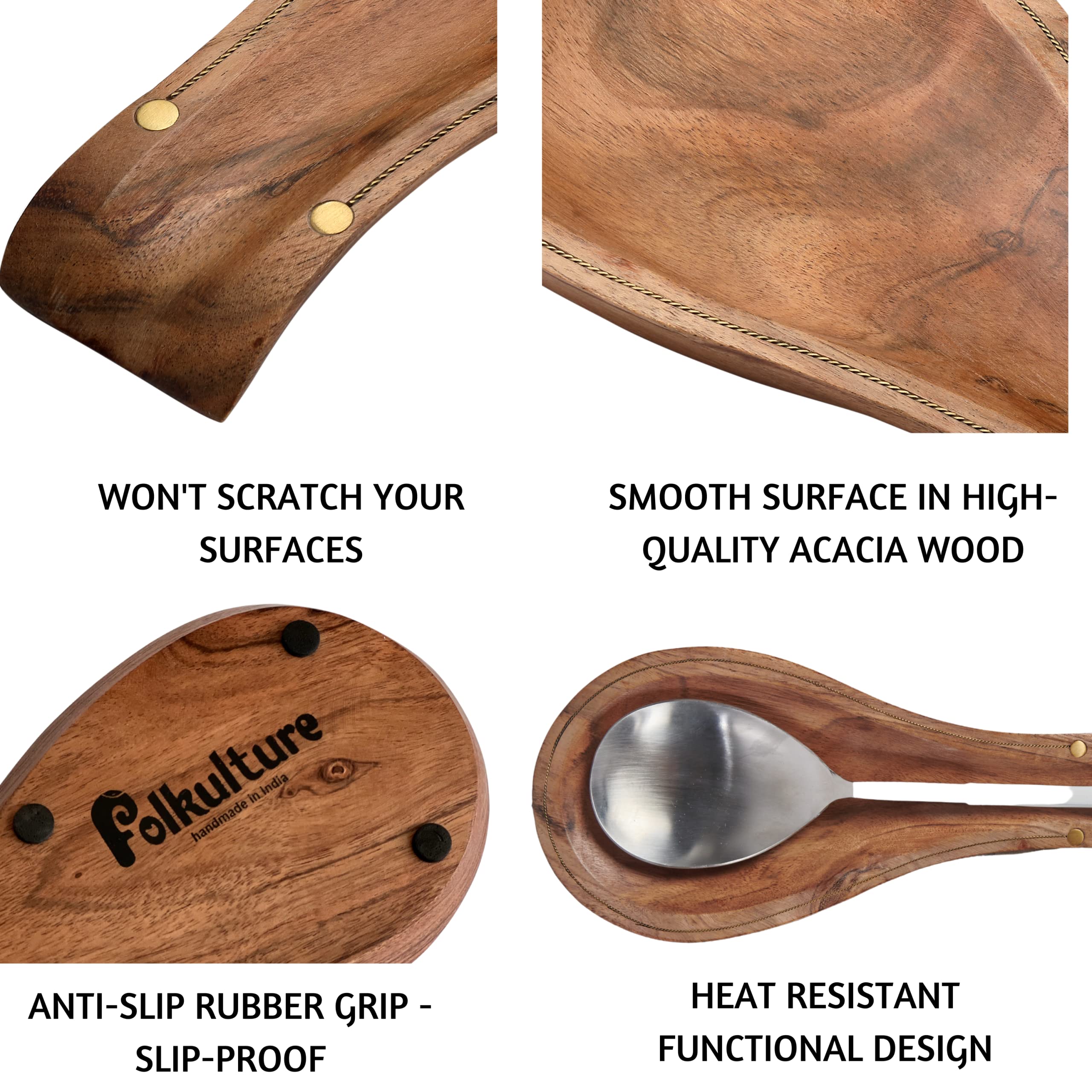 Folkulture Spoon Rest for Kitchen Counter, Set of 2 Spoon Holders for Spatula, Spoons or Tongs, Farmhouse Cooking Rest, Acacia Wood, 10"