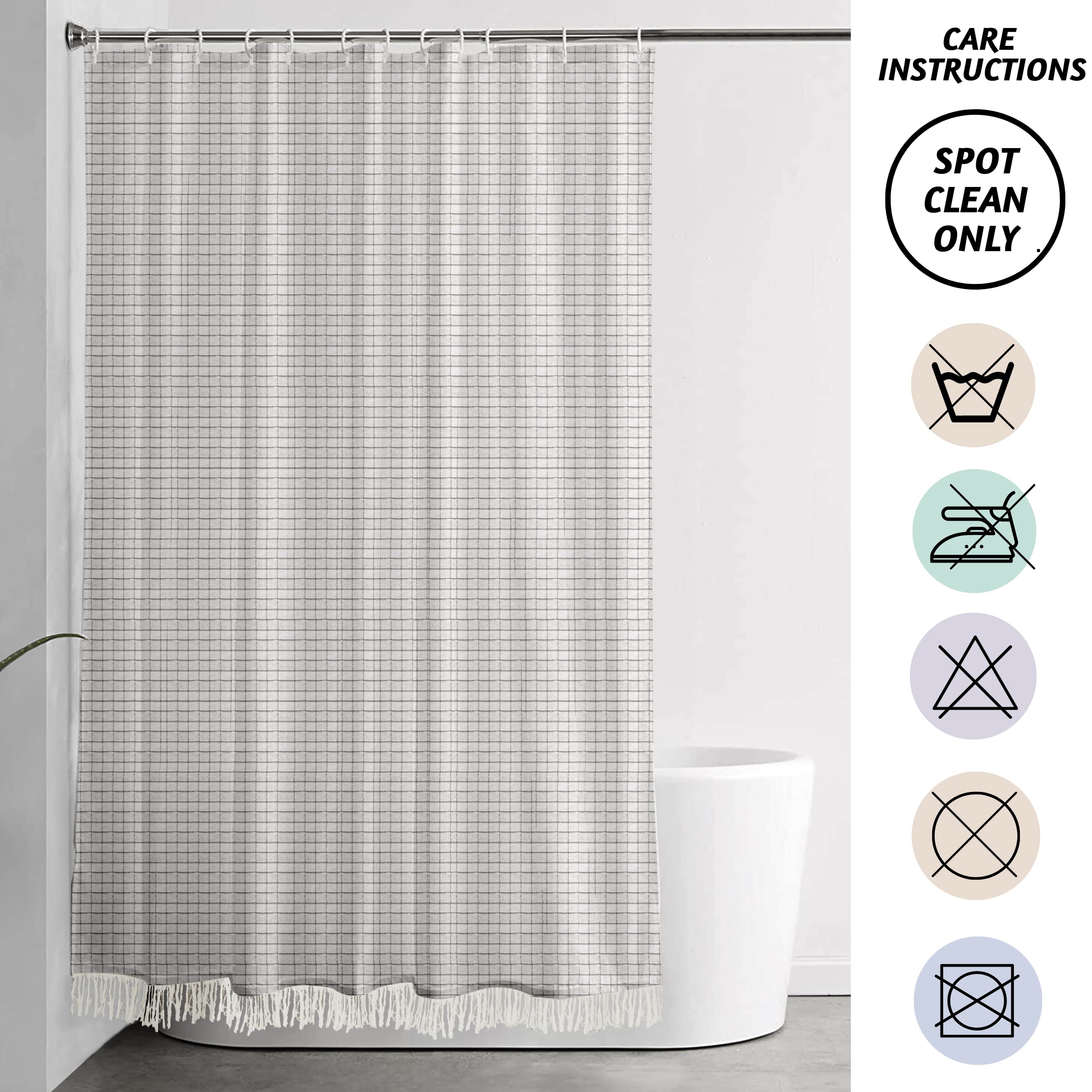 Folkulture Boho Shower Curtain 72" X 72" Water Repellent White Shower Curtain with Tassels, Grey Shower Curtains Recycled Cotton (Tulum Gray)