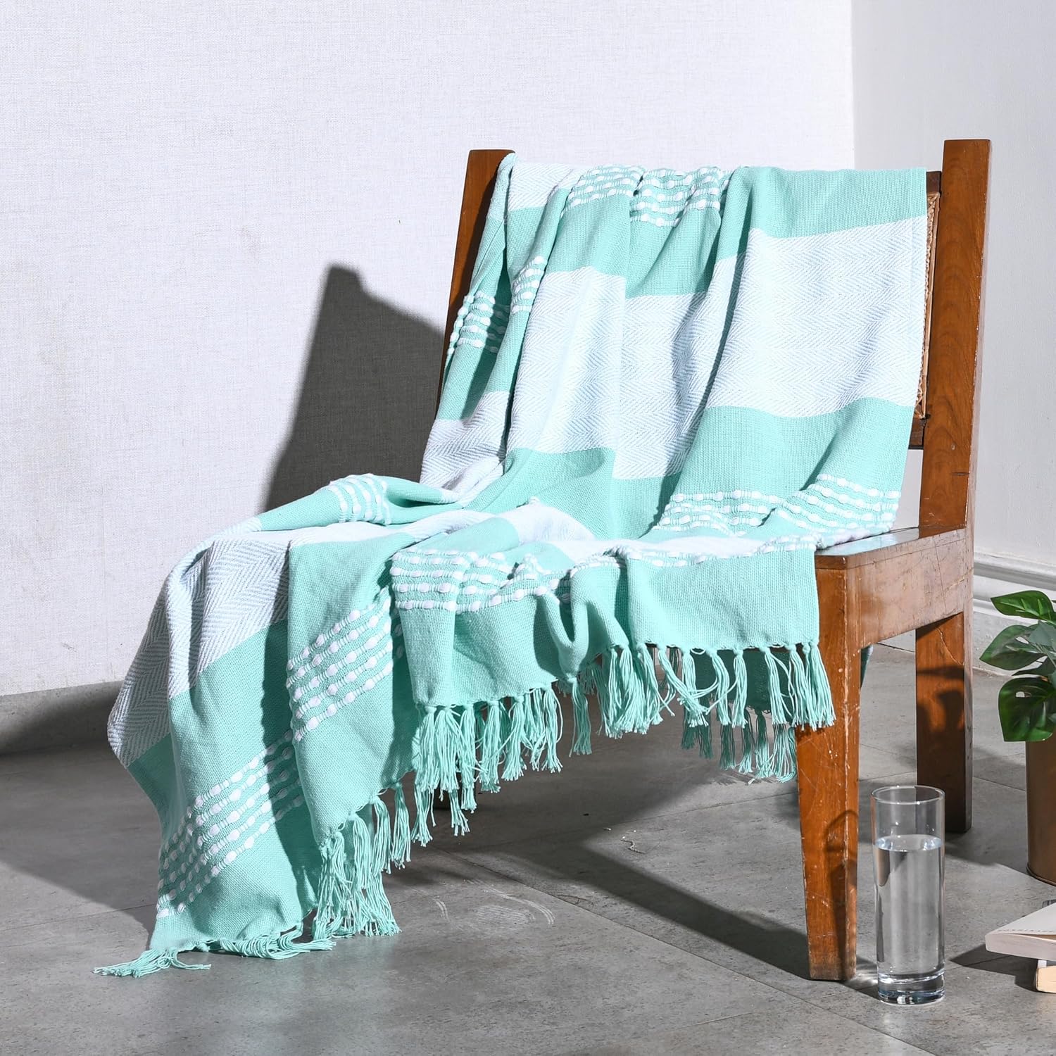 Folkulture 50 X 60" Throws 100% Recycled Cotton Herringbone  - Water green