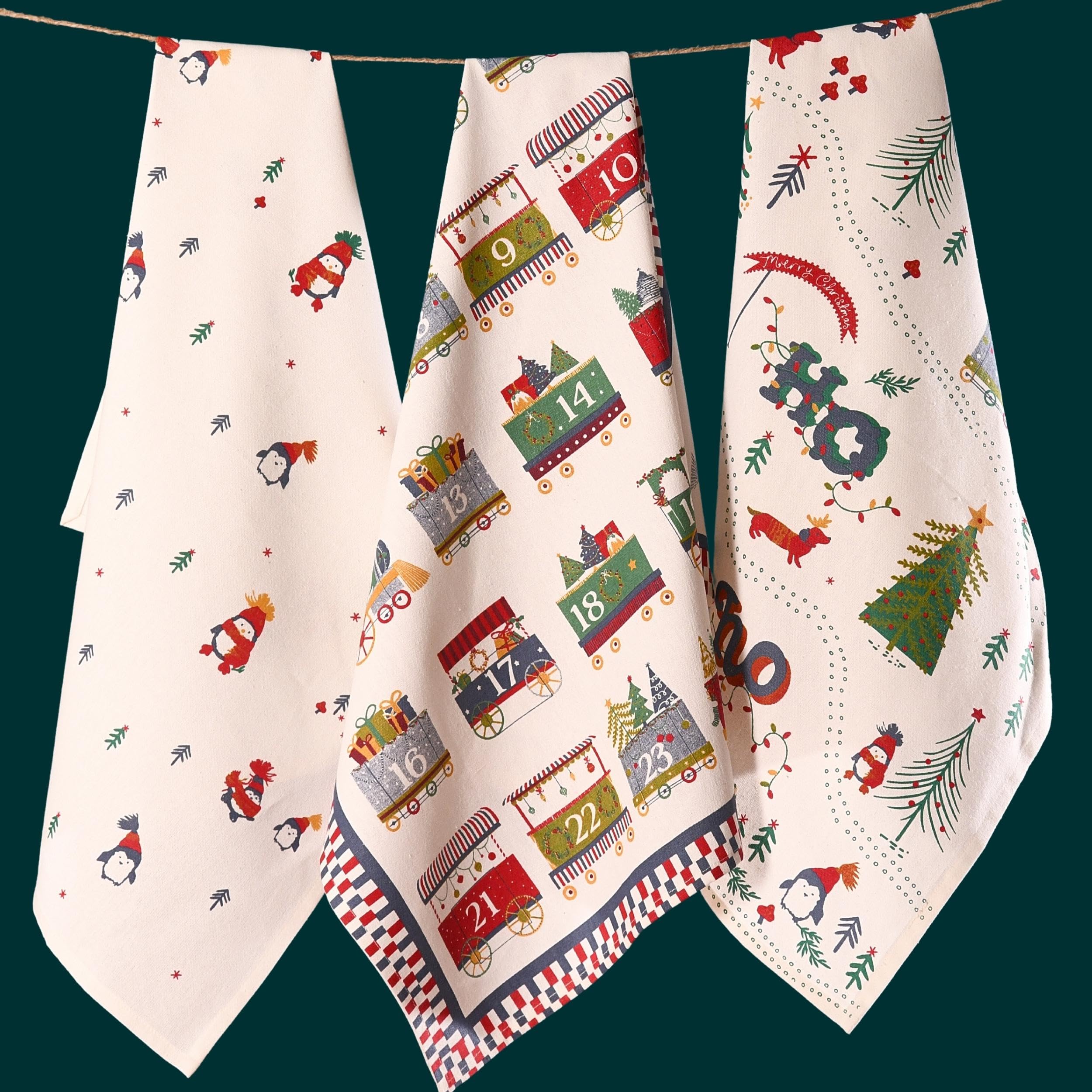 Folkulture 20" X 26" Set of 3 Kitchen Towel Cotton - Xmas Train Advent
