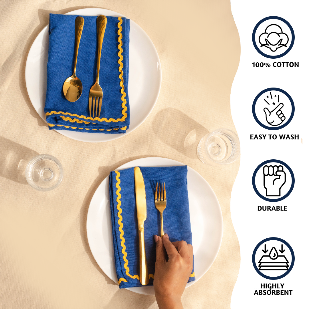 Folkulture Cloth Napkins, Set of 4 (18" x 18") Blue Cloth Napkins for Dining Table, Rick Rack Napkins for Kitchen, Table Linens Washable for Parties