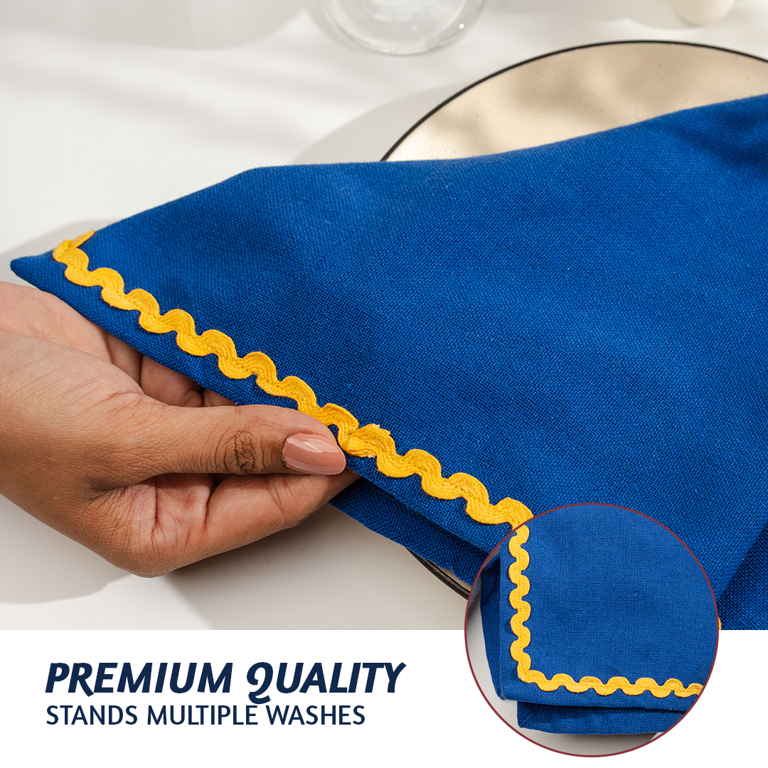 Folkulture Cloth Napkins, Set of 4 (18" x 18") Blue Cloth Napkins for Dining Table, Rick Rack Napkins for Kitchen, Table Linens Washable for Parties