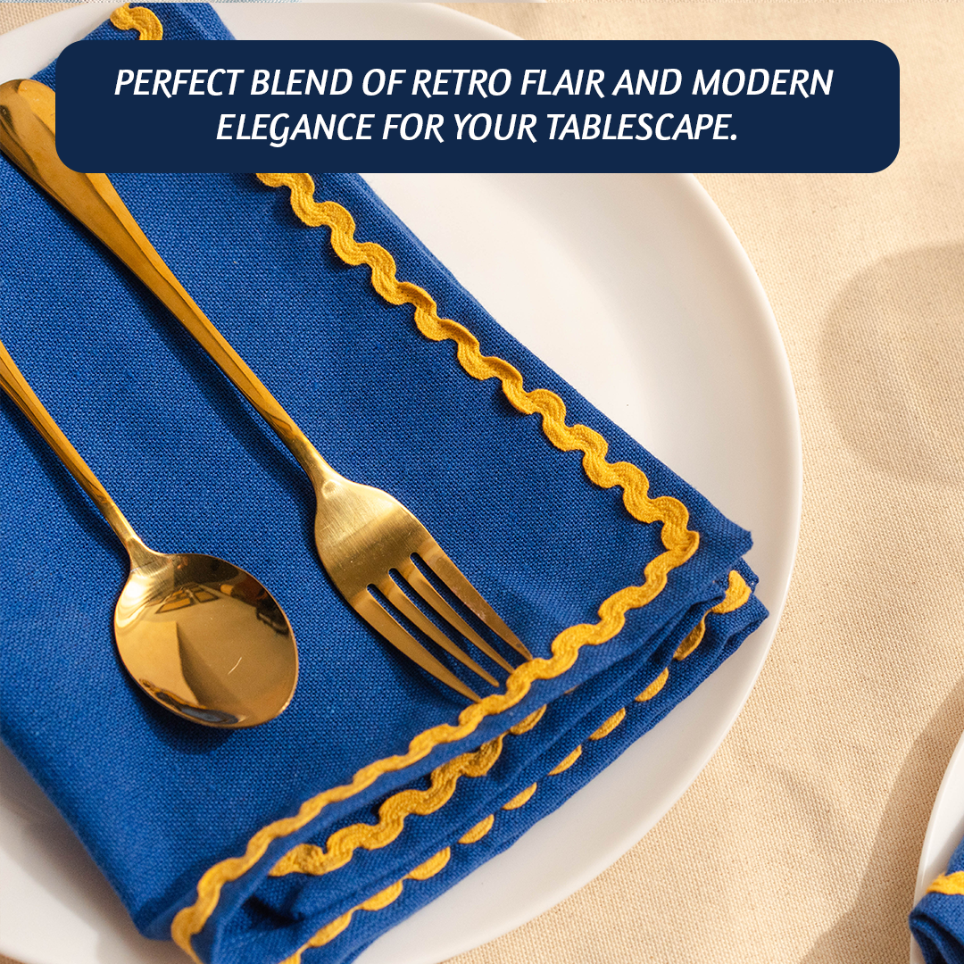 Folkulture Cloth Napkins, Set of 4 (18" x 18") Blue Cloth Napkins for Dining Table, Rick Rack Napkins for Kitchen, Table Linens Washable for Parties
