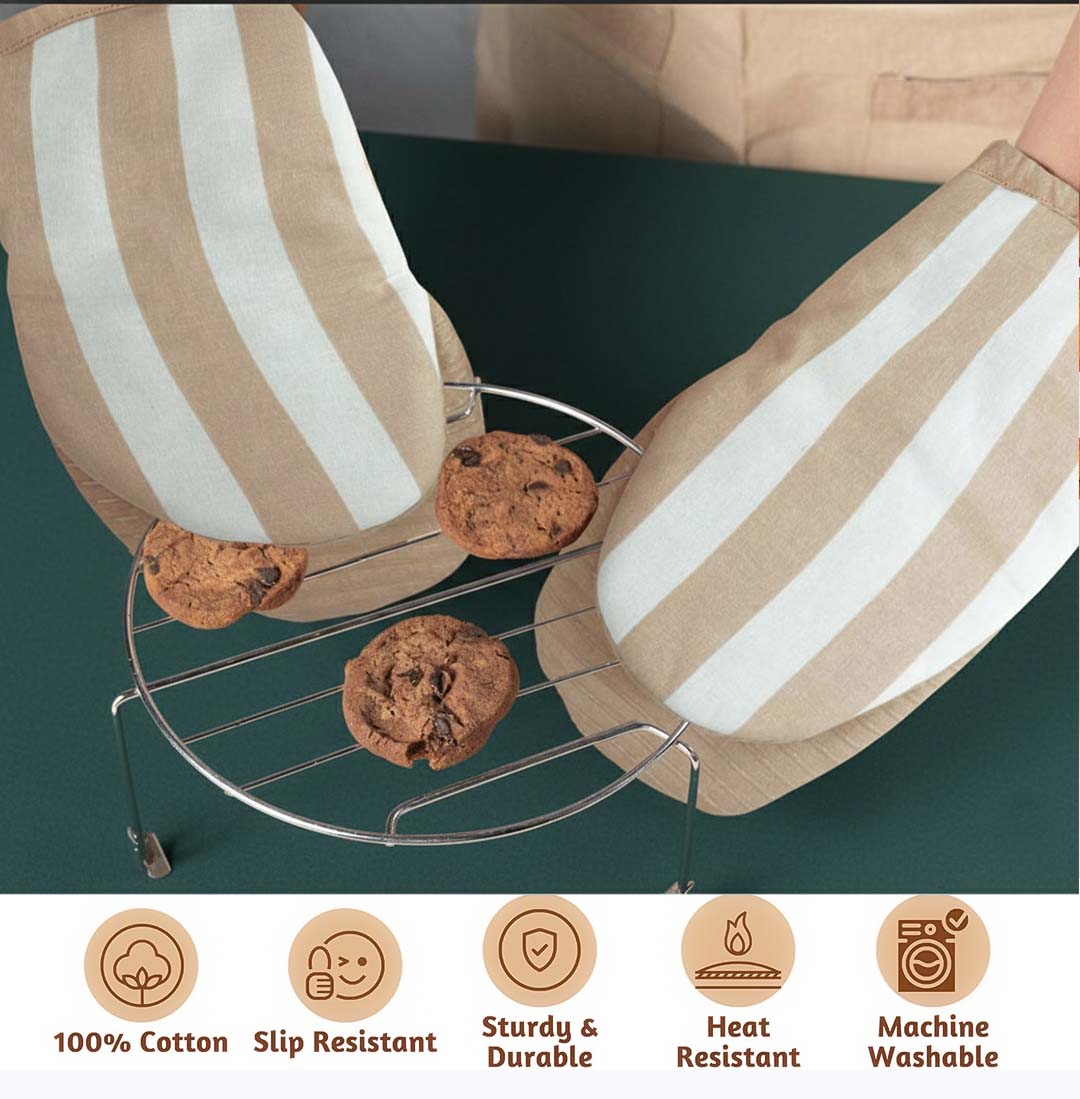 Folkulture Mini Mitts 100% cotton with Silicon Heat Resistant Kitchen & Baking Mitts - latte