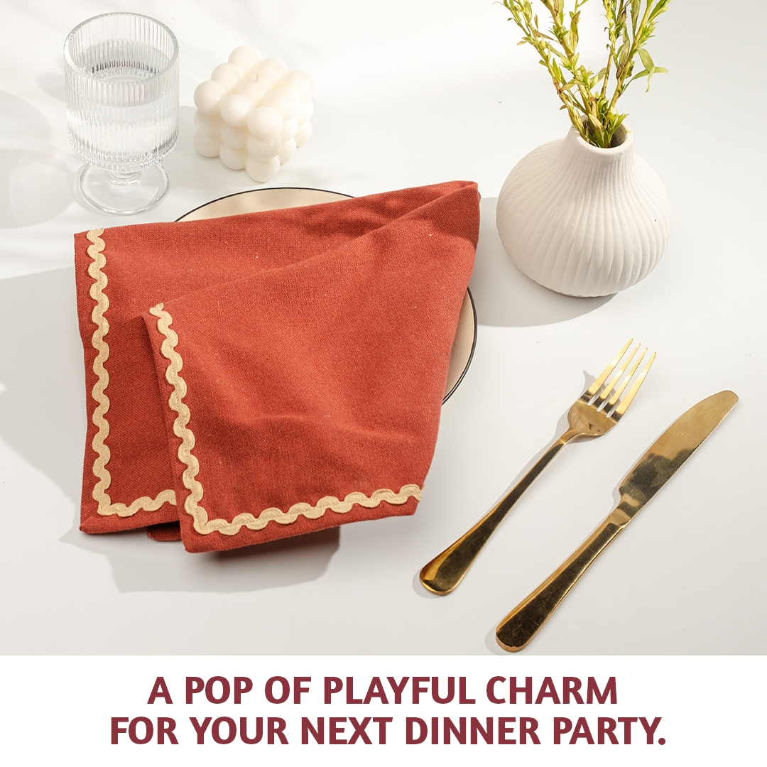 Folkulture Cloth Napkins, Set of 4 (18" x 18") Kavee & Beige Cloth Napkins for Dining Table, Rick Rack Napkins for Kitchen, Washable Table Linens