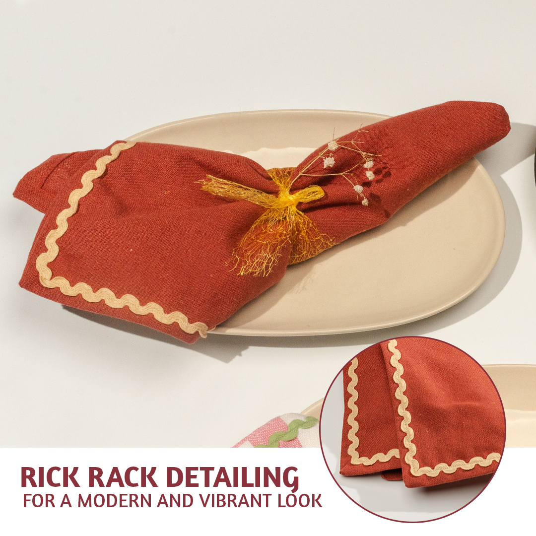 Folkulture Cloth Napkins, Set of 4 (18" x 18") Kavee & Beige Cloth Napkins for Dining Table, Rick Rack Napkins for Kitchen, Washable Table Linens
