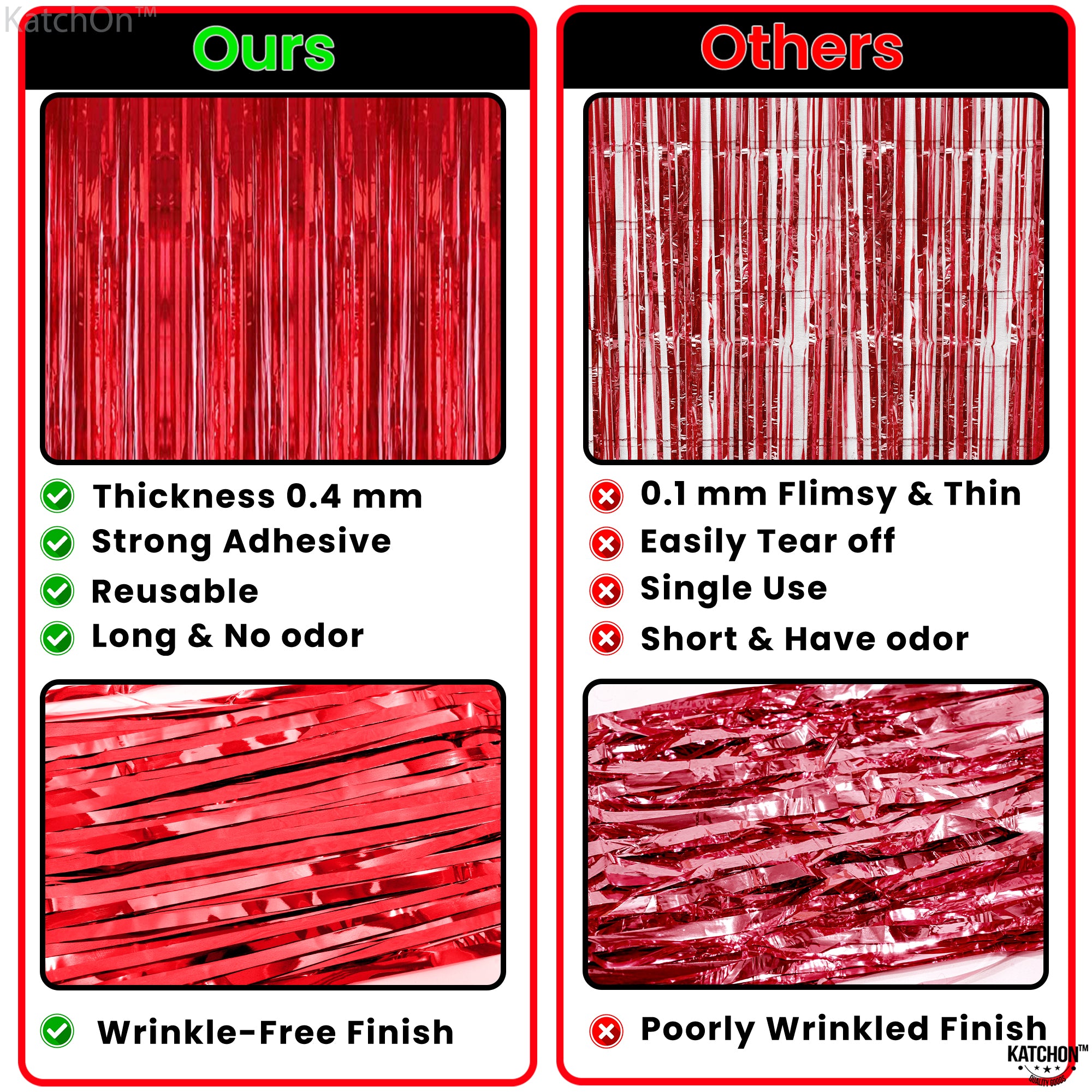 KatchOn, XtraLarge Red Streamers Party Decorations - 3.2x8 Feet, Pack of 2 | Valentines Day Backdrop for Valentines Day Decorations | Shiny Red Fringe Backdrop | Red Backdrop for Red Party Decorations