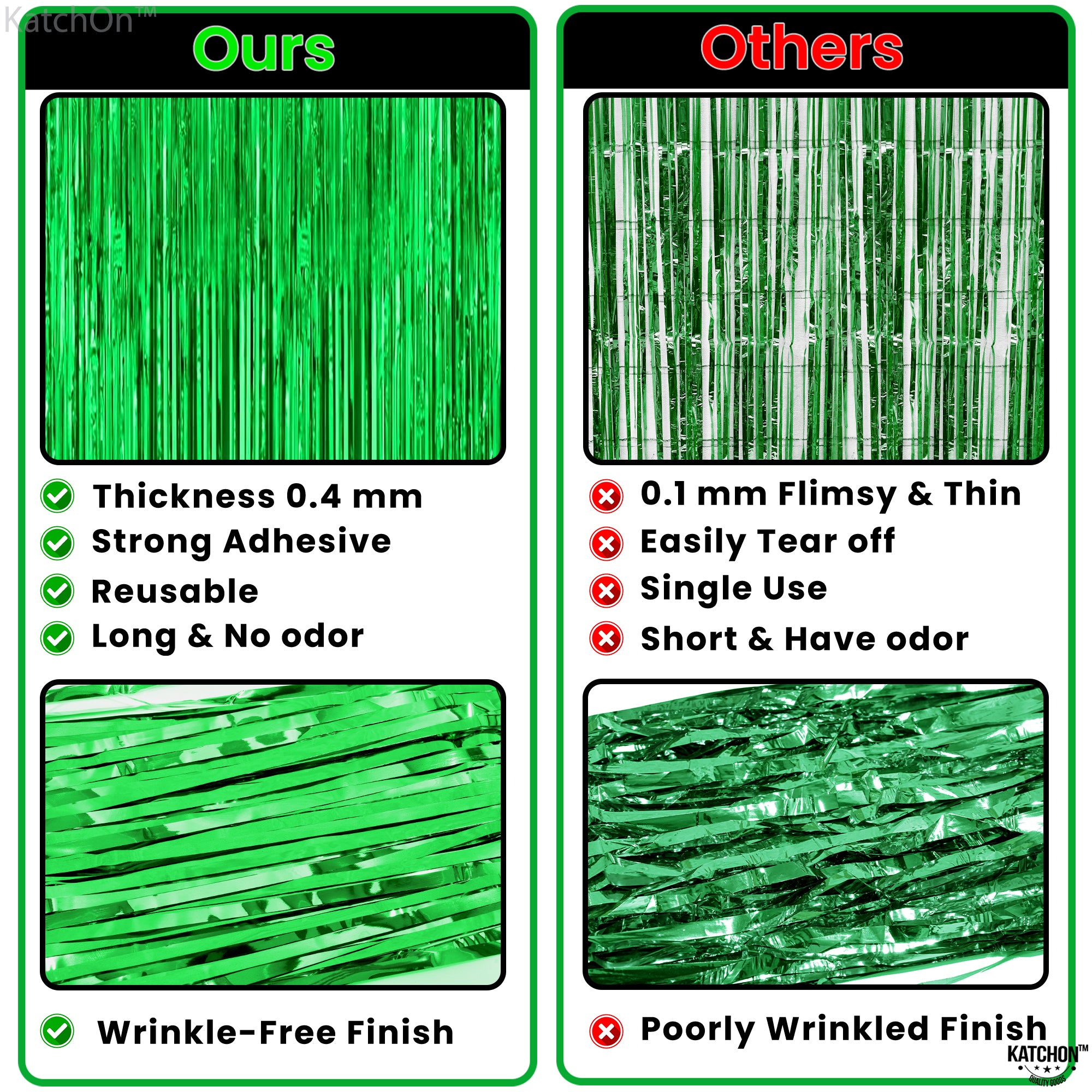 KatchOn, Green Streamers Party Decorations -3.2x6.5 Feet, Pack of 2 | Green Backdrop Curtain, Green Birthday Decorations | St Patricks Day Decorations | Green Fringe Curtains, Jungle Party Decorations