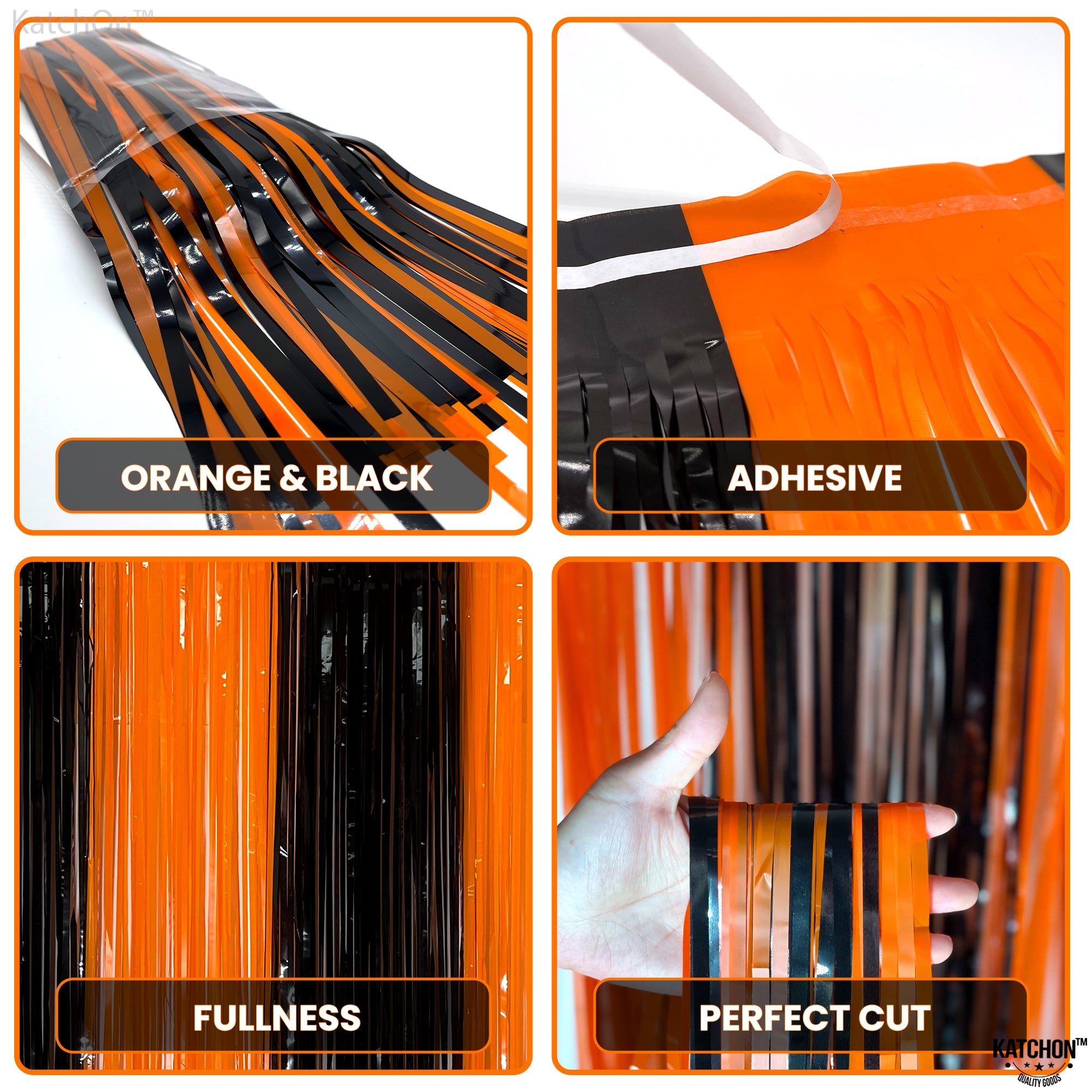 KatchOn, Black and Orange Foil Fringe Curtain - XtraLarge 3.2x8 Feet, Pack of 2 | Black and Orange Streamers, Halloween Decorations | Orange and Black Fringe Backdrop for Summerween Decorations