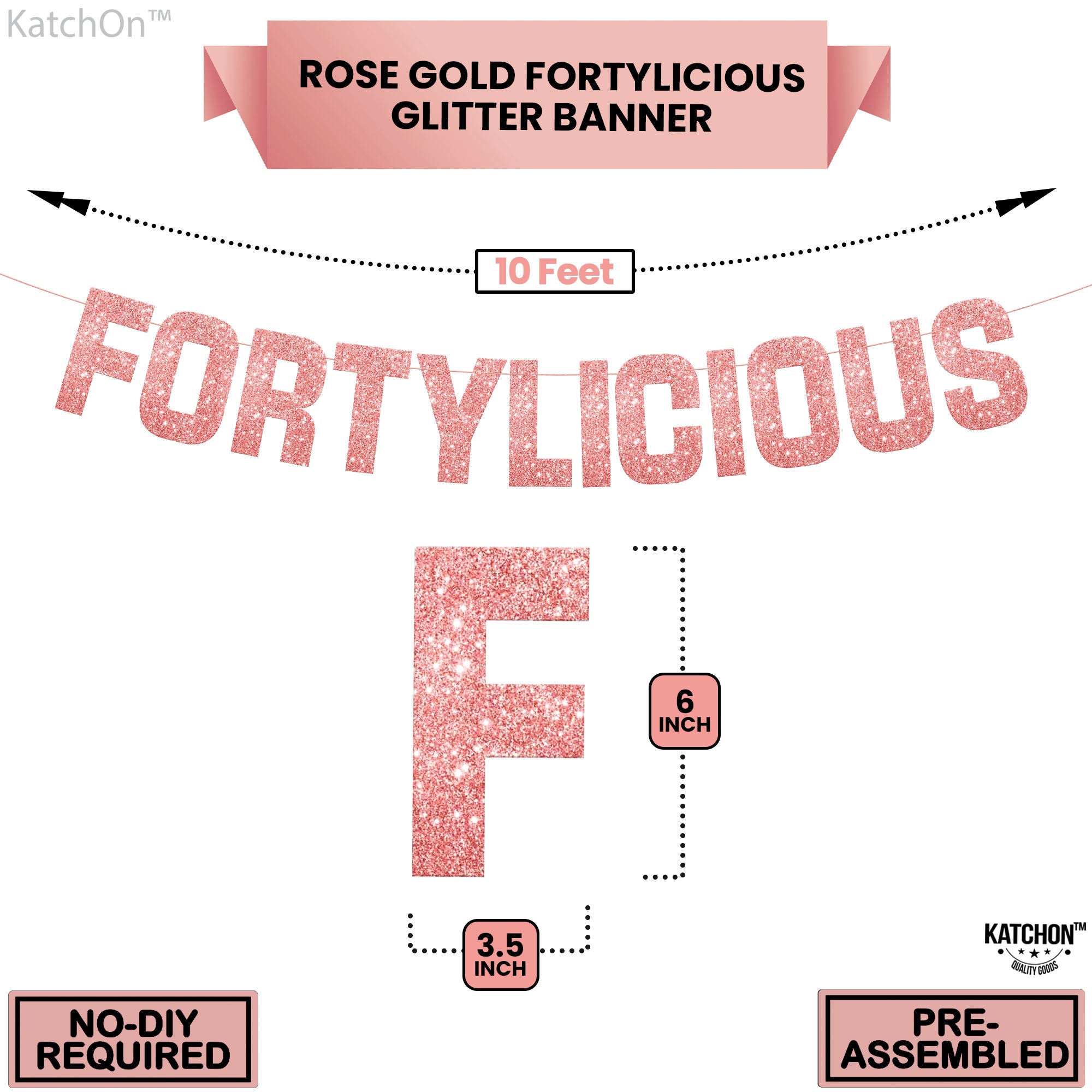 KatchOn, Glitter Rose Gold Fortylicious Banner - Prestrung, 10 Feet | 40th Birthday Banner Rose Gold for Fortylicious Birthday Decorations | Fortylicious Rose Gold Banner for 40th Birthday Decorations