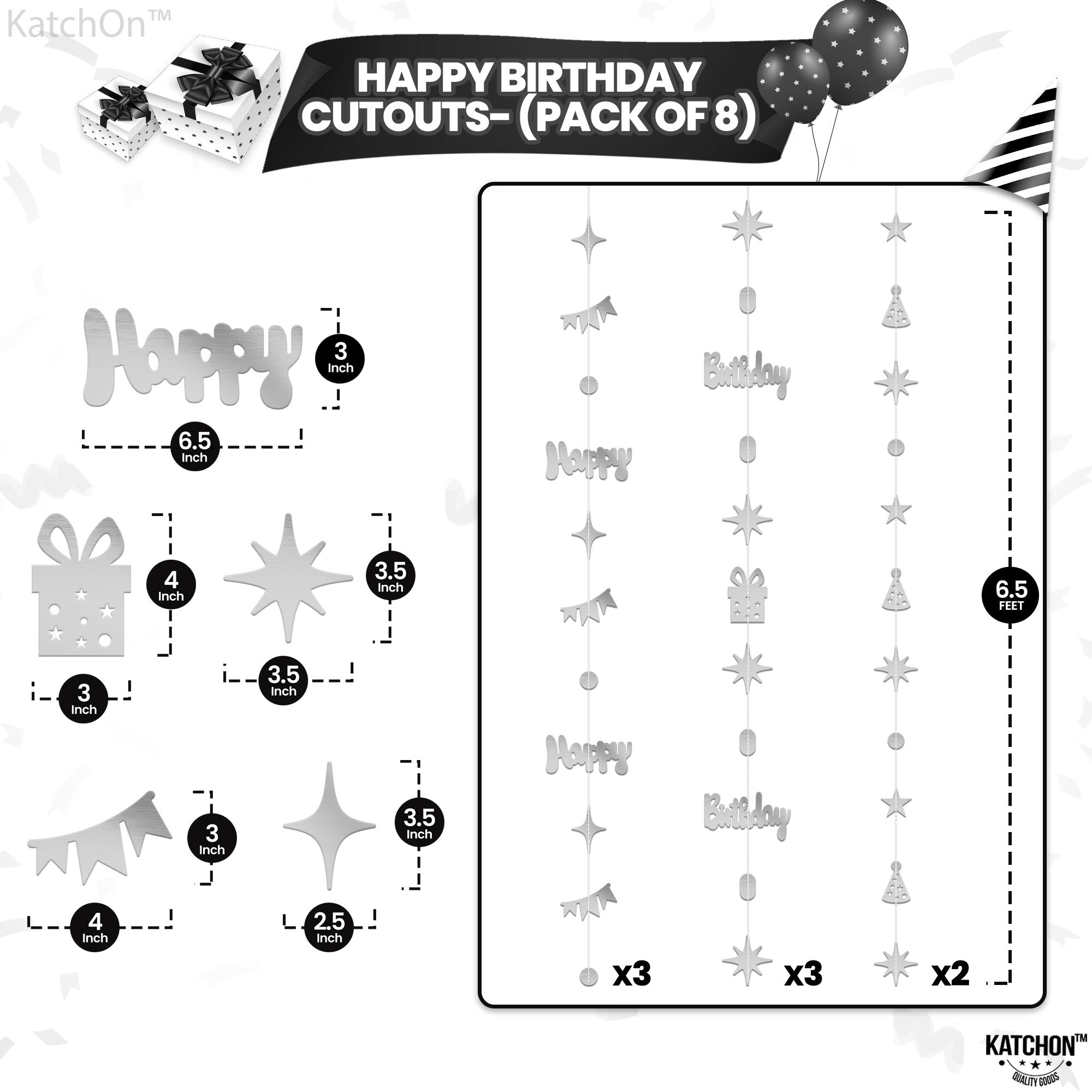 KatchOn, Iridescent Happy Birthday Garland Banner - 6.5 Feet, Pack of 8 No DIY | Birthday Garland Decorations | Silver Happy Birthday Backdrop, Happy Birthday Banner for Happy Birthday Decorations
