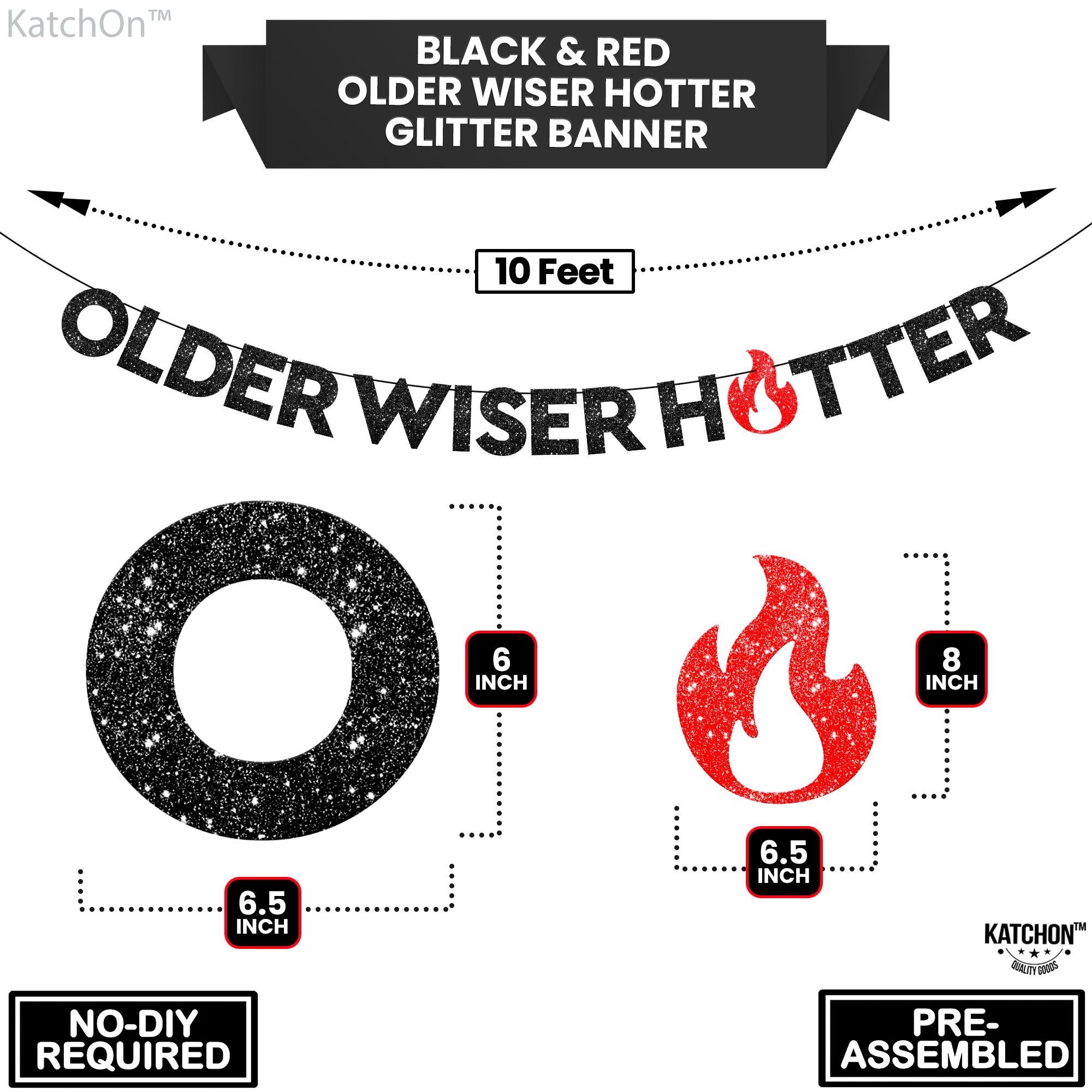 KatchOn Older Wiser Hotter Glitter Black Banner - 10 Feet, Reusable, Adult Birthday Decorations