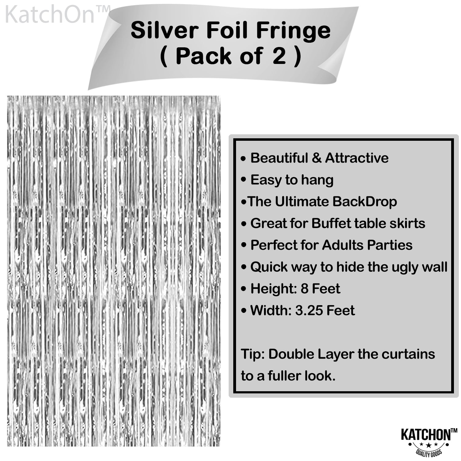 KatchOn, Large Silver Backdrop Curtain - 3.2x8 Feet, Pack of 2, Silver Streamers Backdrop | Happy New Year Backdrop for Happy New Year Decorations | Silver Fringe Backdrop for Silver Party Decorations