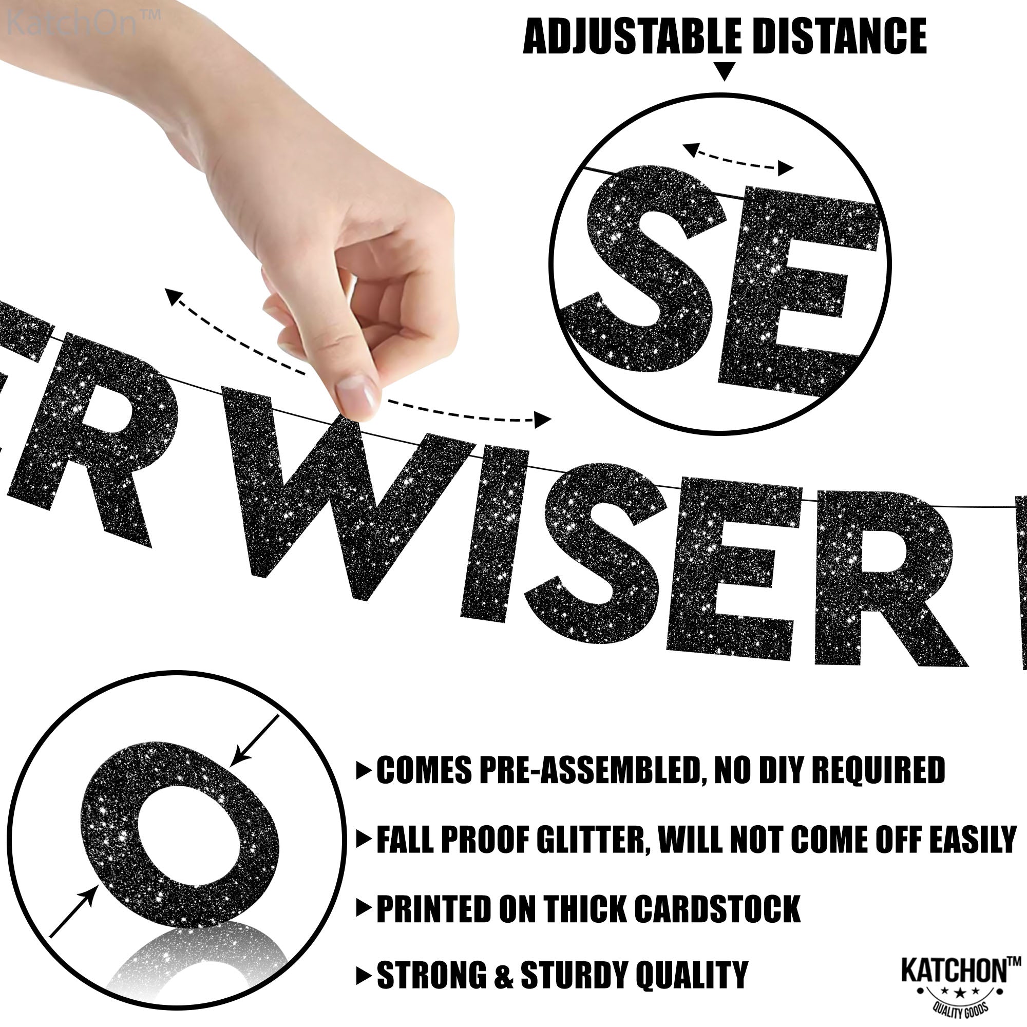 KatchOn Older Wiser Hotter Glitter Black Banner - 10 Feet, Reusable, Adult Birthday Decorations