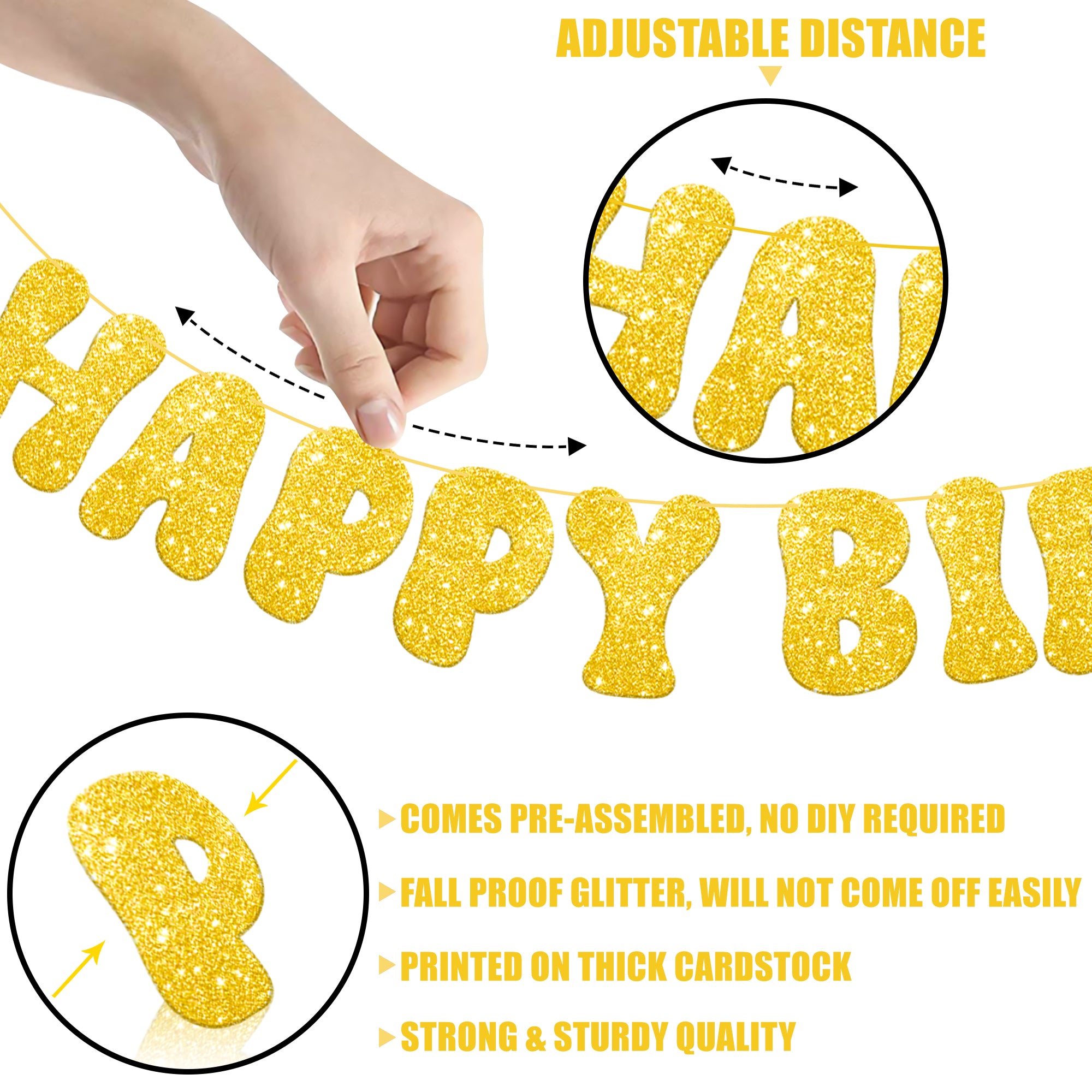 KatchOn, Glitter Gold Happy Birthday Banner Prestrung - 10 Feet | Gold Happy Birthday Sign | Gold Birthday Banner for Happy Birthday Decorations | Happy Birthday Gold Banner for Gold Birthday Decor