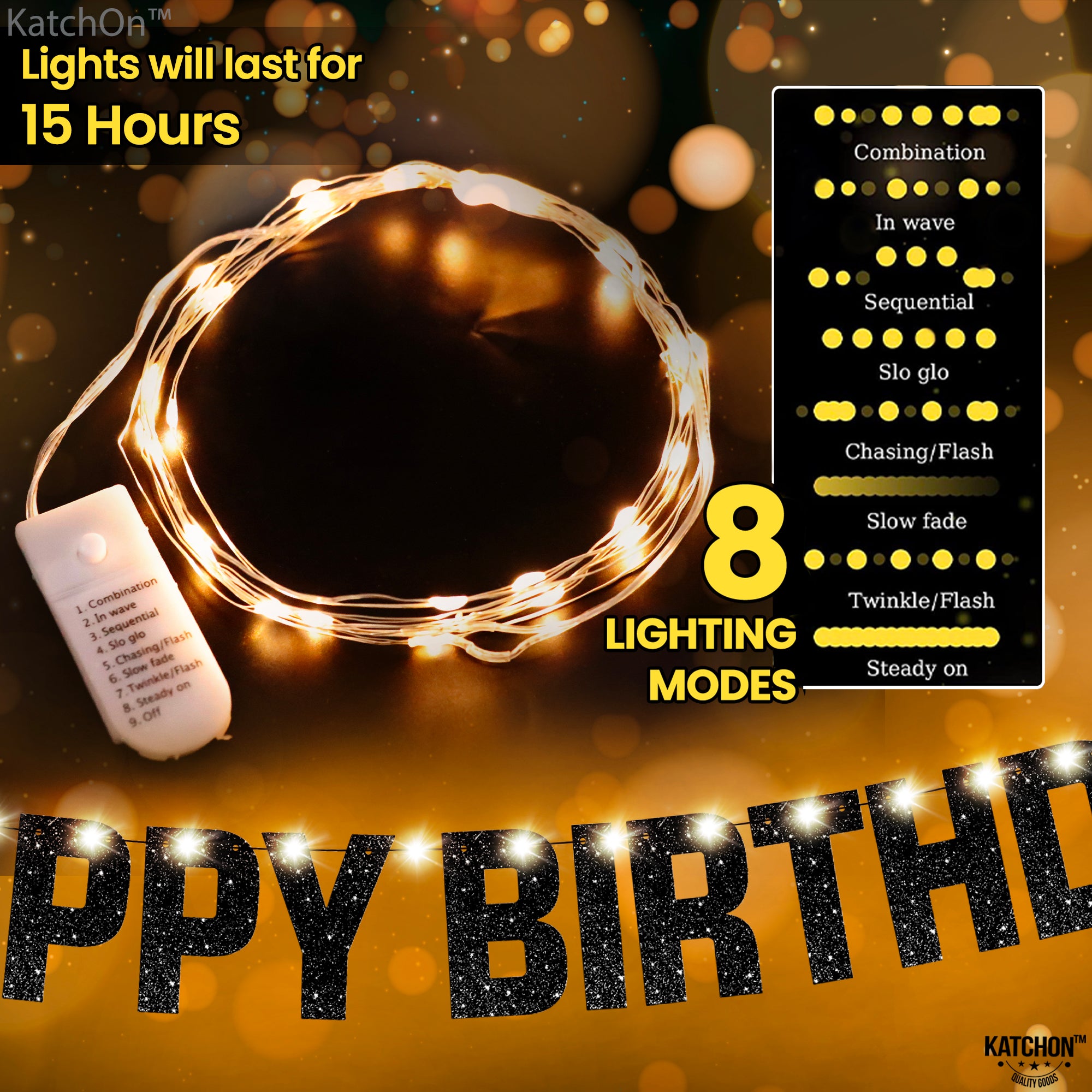 KatchOn, Glitter Black Happy Birthday Banner Light Up - Prestrung, 10 Feet | Black Happy Birthday Led Sign, Happy Birthday Banner for Men | Light Up Happy Birthday Sign for Happy Birthday Decorations