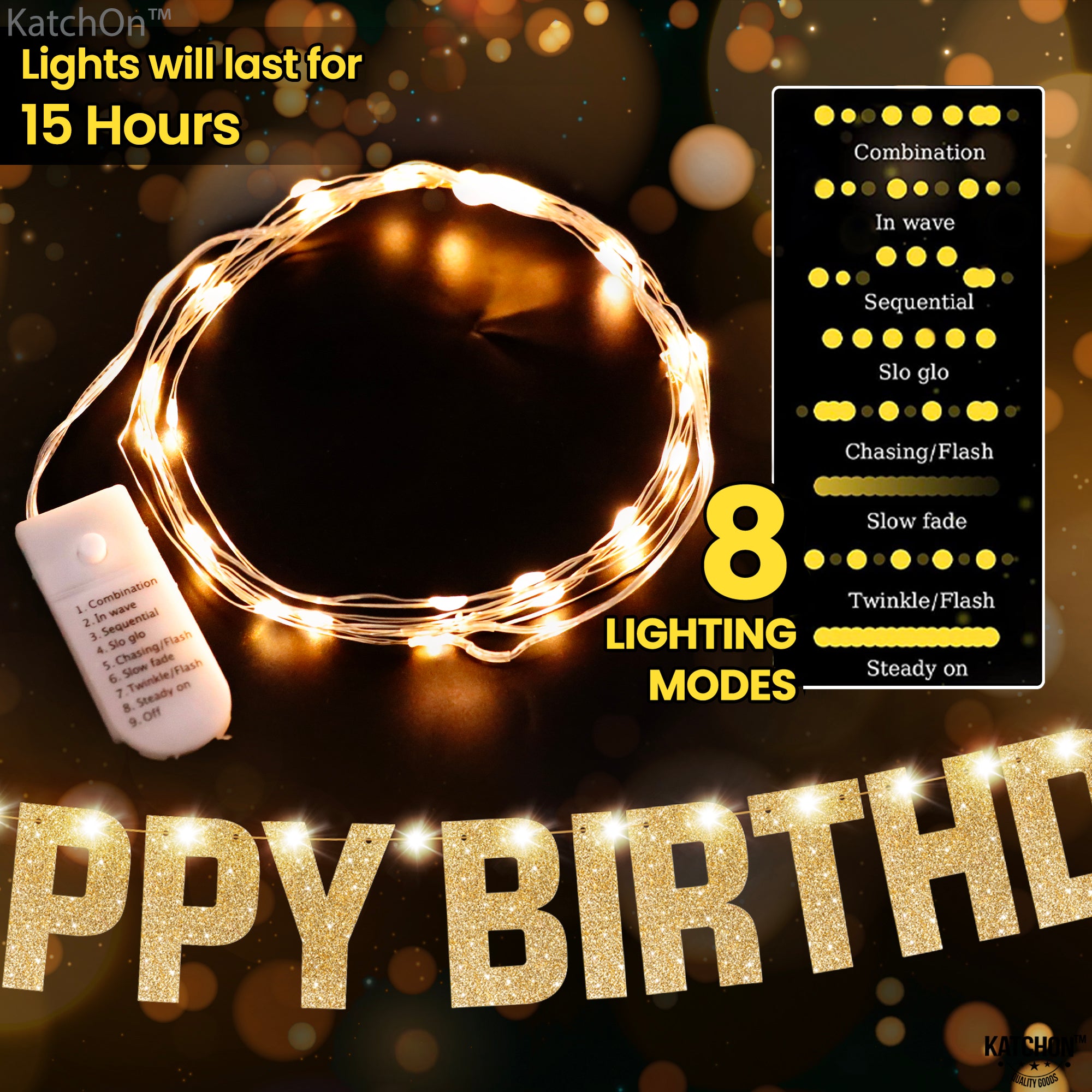 KatchOn, Light Up Happy Birthday Banner - 10 Feet, 8 Modes | Glitter Birthday Banner | Gold Birthday Party Banner | Happy Birthday Light Up Sign | Happy Birthday Sign | Light Up Birthday Decorations