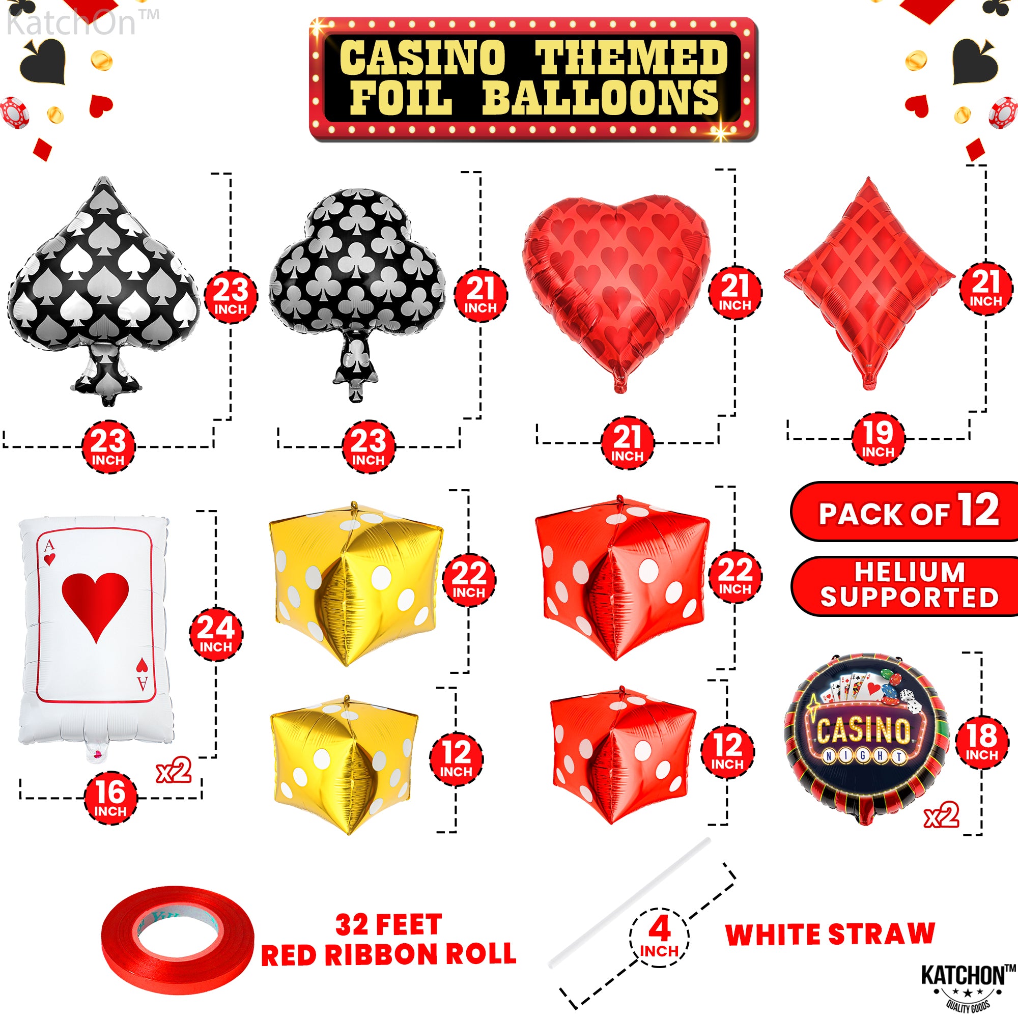KatchOn, Dice and Cards Casino Balloons - 24 Inch, Pack of 12 | Casino Theme Balloons for Casino Party Decorations | Dice Balloons, Casino Theme Party Decorations | Poker Balloons, Casino Decorations