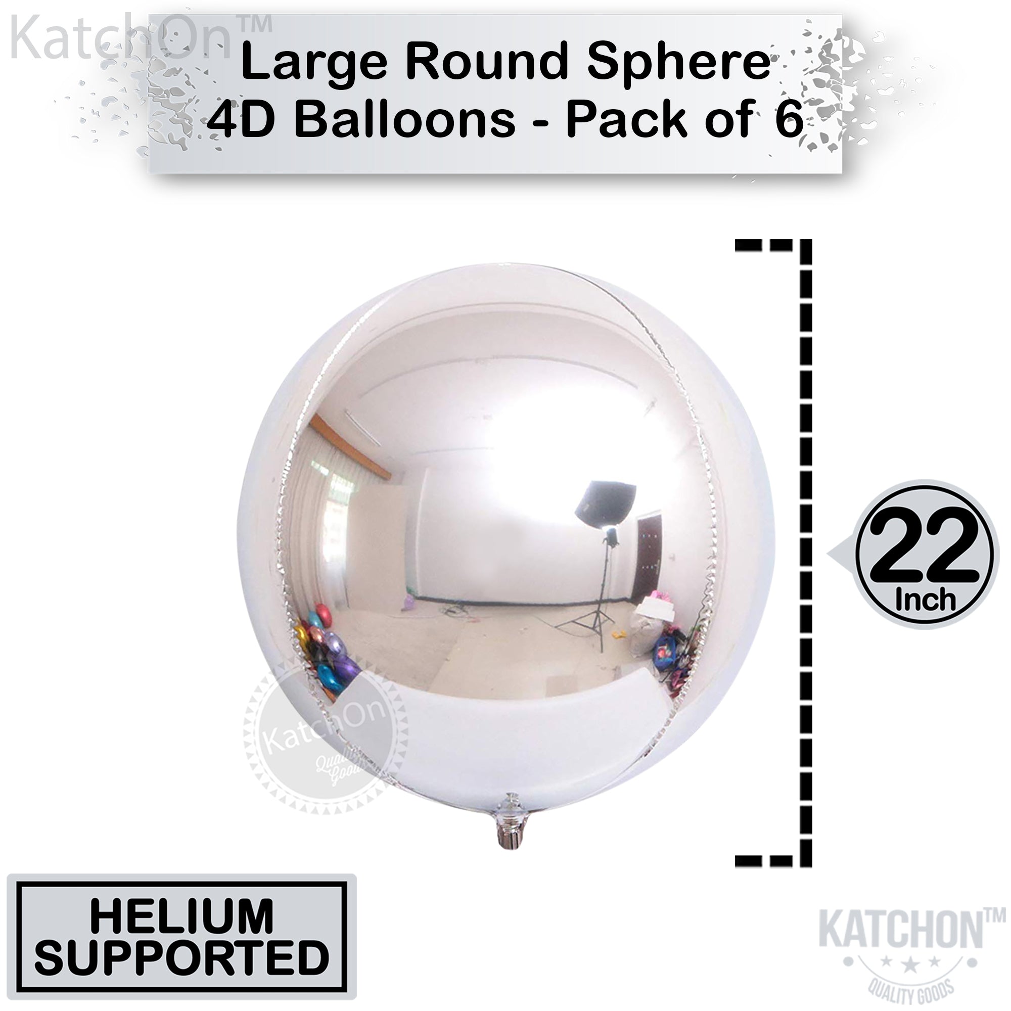 KatchOn, Metallic Silver Balloons - 22 Inch, Pack of 6 | 4D Round Silver Mylar Balloons, Silver Metallic Balloons, Silver Foil Balloons | Prom Decorations 2025 | Graduation Decorations Class of 2025