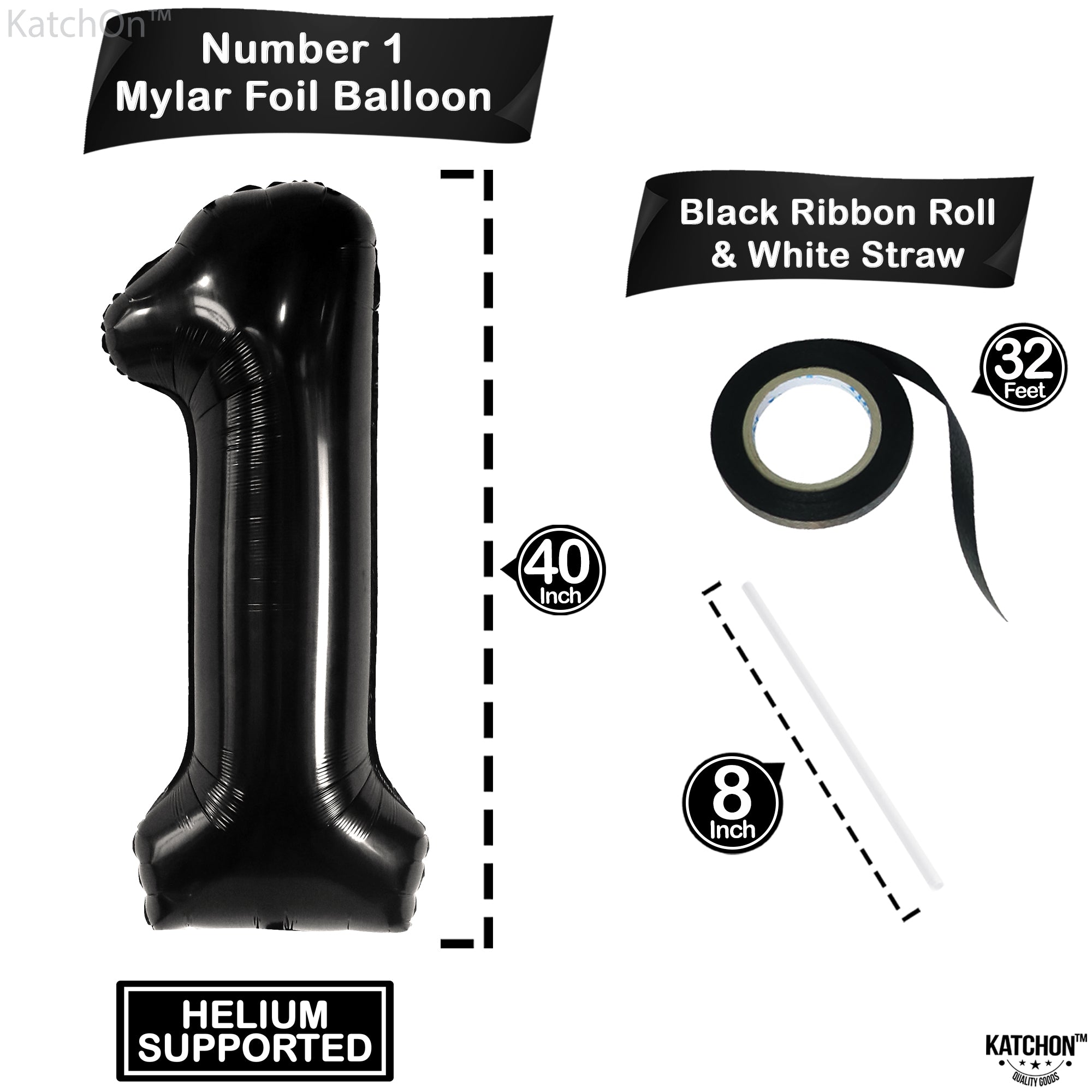 KatchOn, Black 1 Balloon Number - Big, 40 Inch | One Happy Dude Birthday Decorations | Number 1 Balloons, One Rocks 1st Birthday Decorations | Black One Balloon, One Cool Dude 1st Birthday Decorations