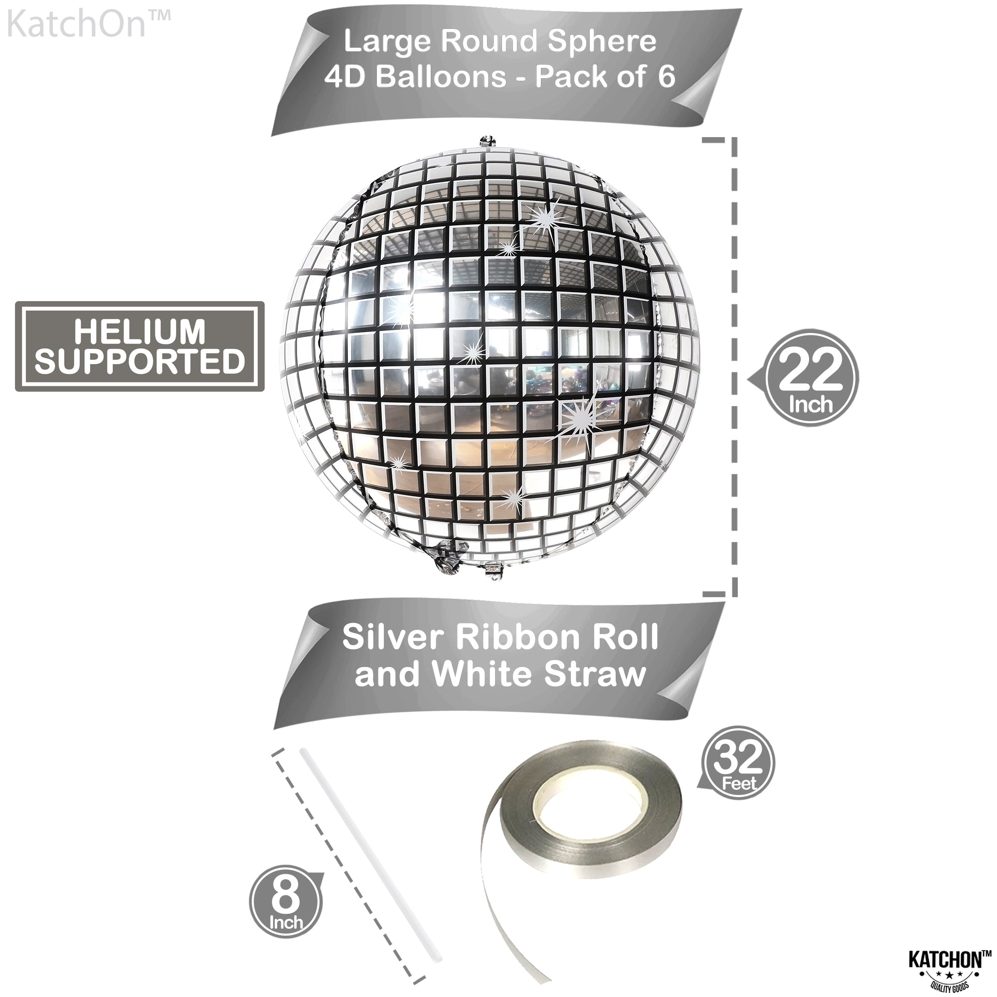 KatchOn, Big Silver Disco Ball Balloons - 22 Inch, Pack of 6 Disco Party Decorations | 4D Sphere Disco Balloons for Disco Bachelorette Party Decorations | Silver Graduation Decorations Class of 2025