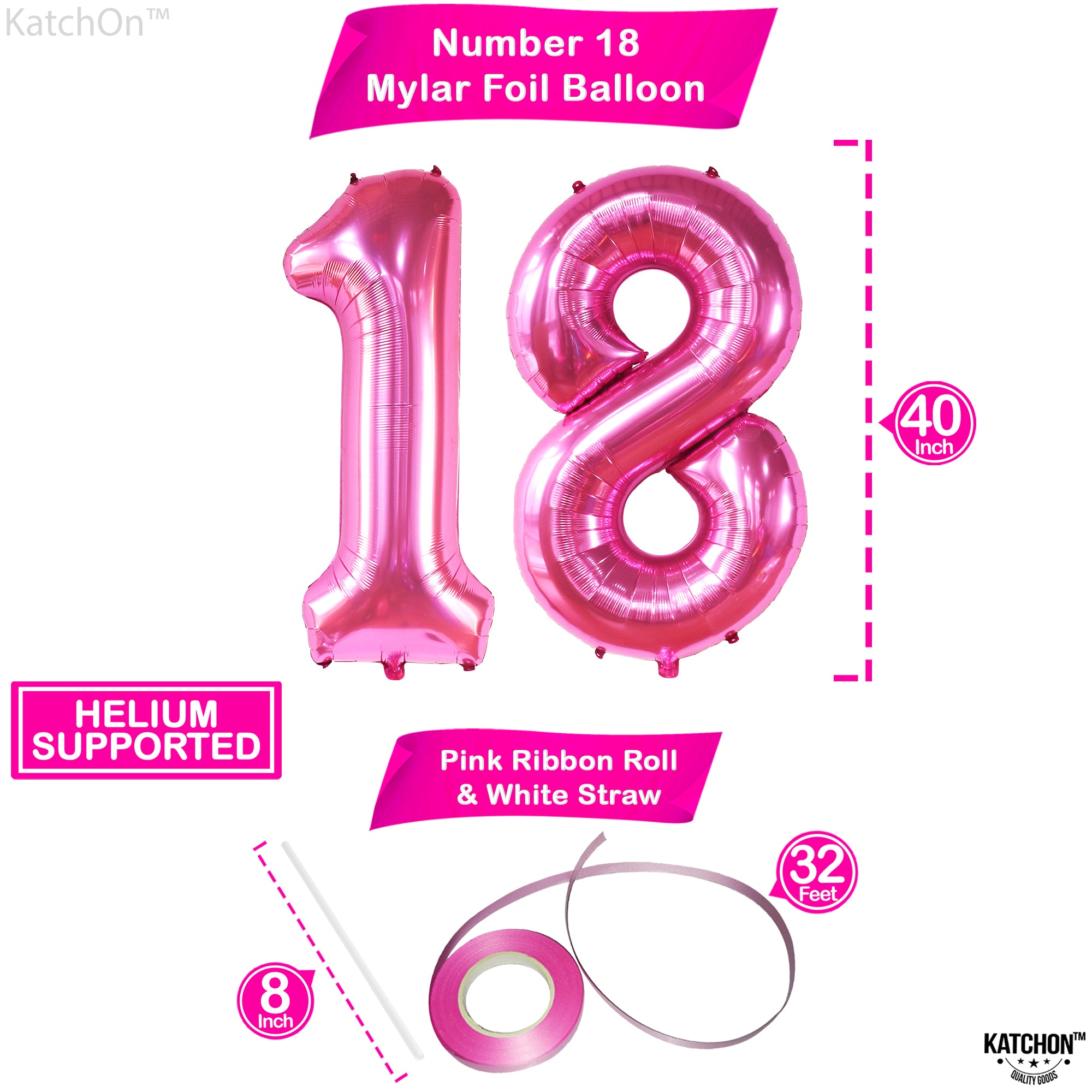 KatchOn, Hot Pink 18 Balloon Numbers - 40 Inch | Pink 18th Birthday Decorations for Girls | 18th Birthday Balloons for Girls | Pink Number 18 Balloons | 18 Number Balloons, 18 Balloons for Birthday