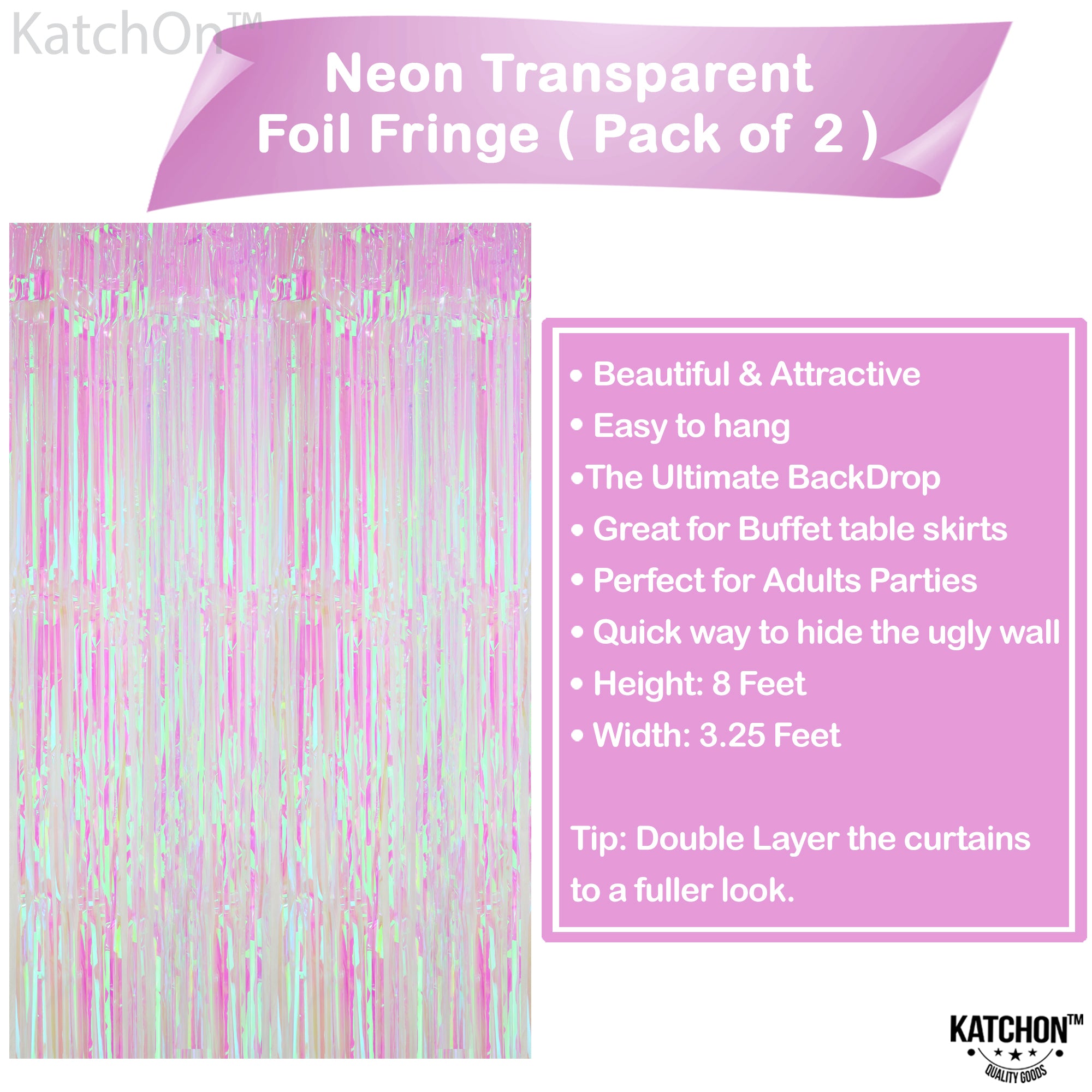 KatchOn, XtraLarge Foil Iridescent Backdrop Curtain - 3.2x8 Feet, Pack of 2 | Pink Tinsel Curtain Backdrop for Iridescent Party Decorations | Iridescent Streamer Backdrop | Galentines Day Decorations