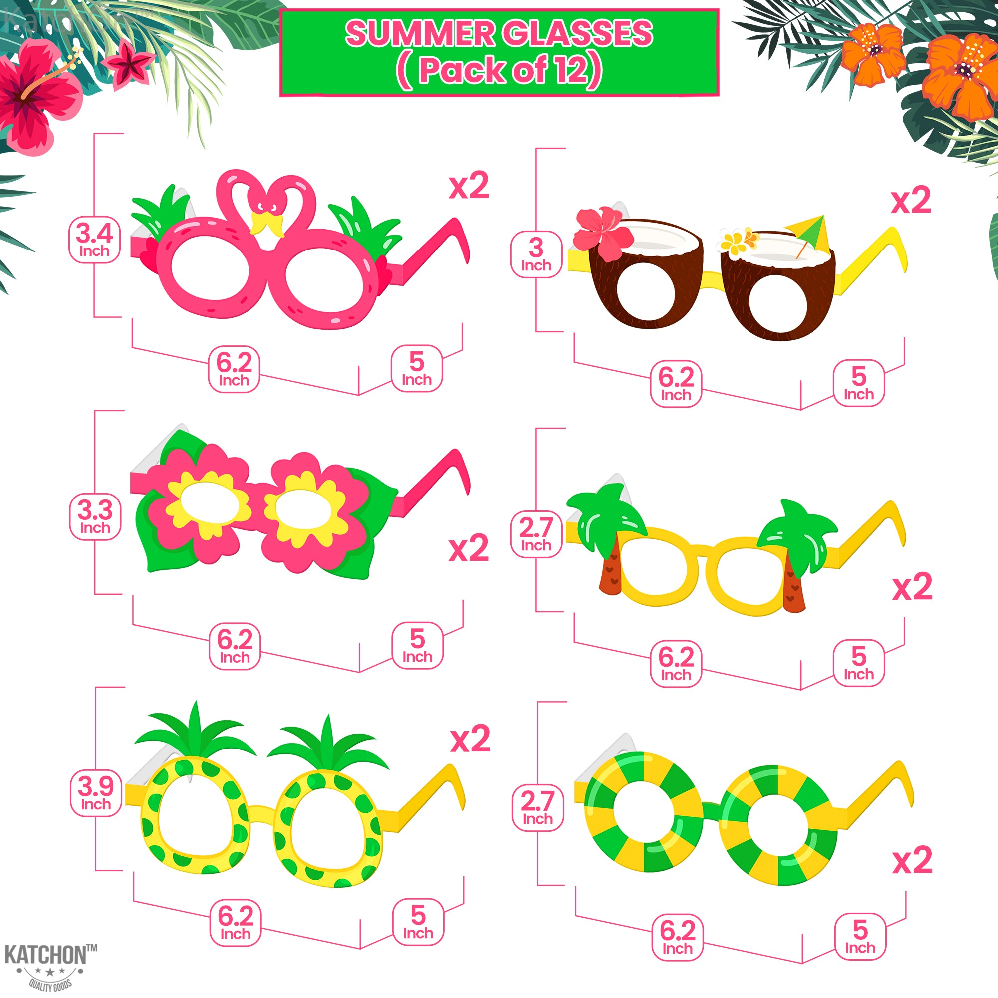KatchOn, Hawaiian Luau Party Glasses - Pack of 12 | Luau Photo Booth Props, Luau Party Decorations | Luau Glasses for Hawaiian Party Decorations | Hawaiian Glasses for Beach Themed Party Decorations