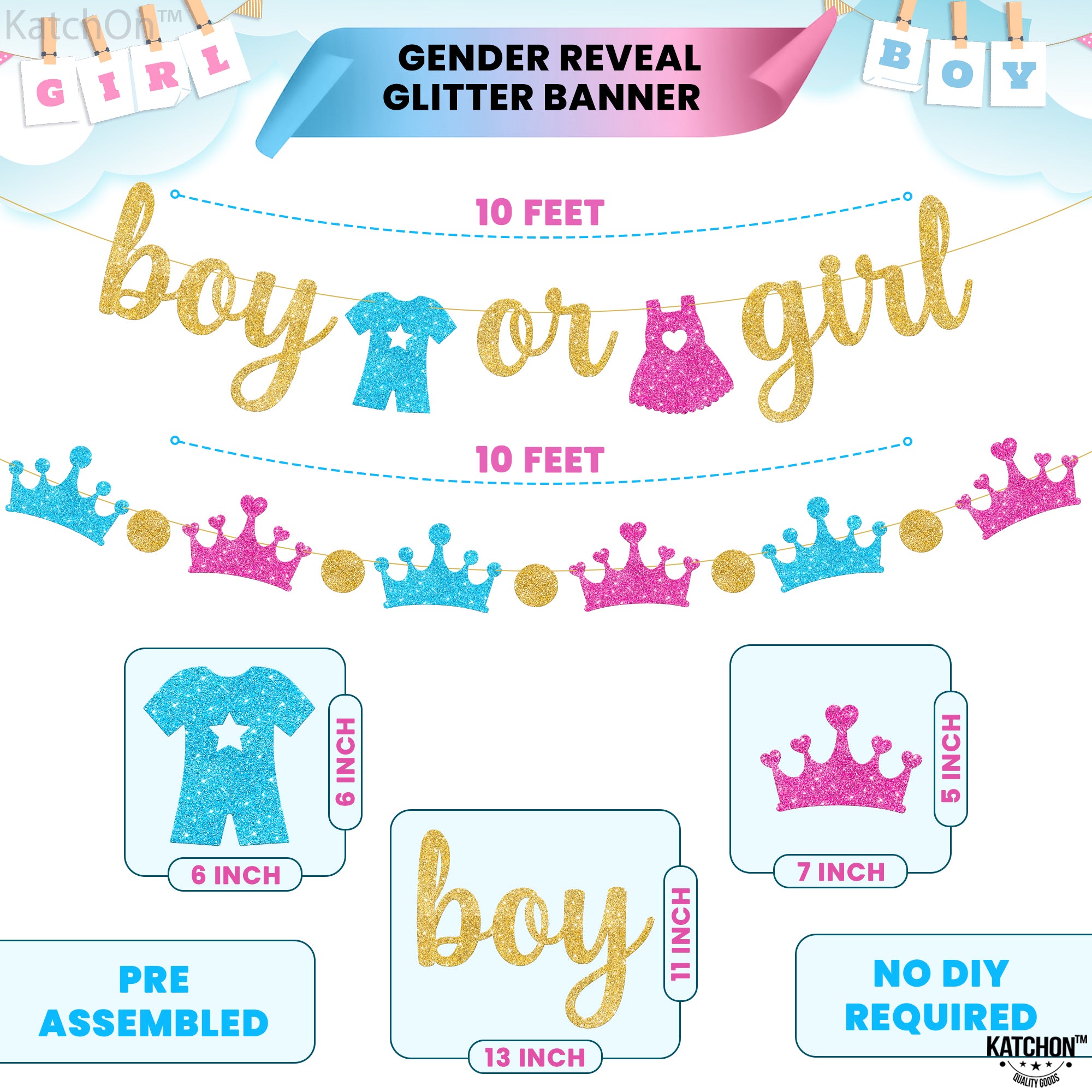 KatchOn, Glitter Boy or Girl Gender Reveal Banner - 10 Feet, No DIY | Boy or Girl Banner for Baby Gender Reveal Decorations | Boy or Girl Sign for Backdrop | Boy Girl Banner, Baby Shower Decorations