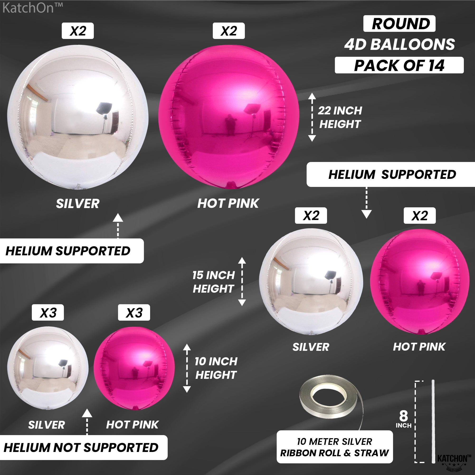 KatchOn, Hot Pink and Silver Balloons - 22 Inch, Pack of 14 | Hot Pink Mylar Balloons, Pink Silver Balloons for Hot Pink Party Decorations | Metallic Hot Pink Foil Balloons, Galentines Day Decorations