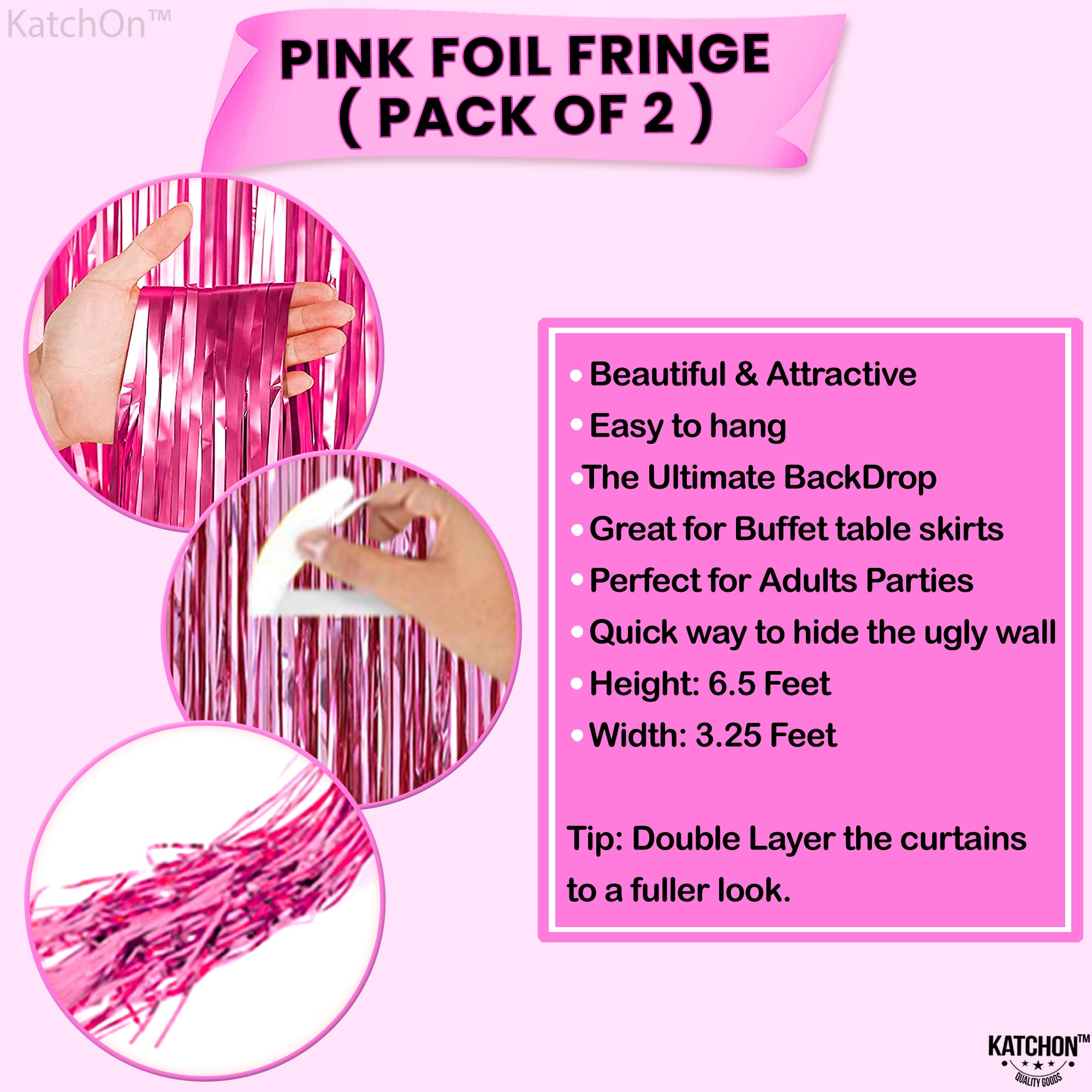 KatchOn, Pink Backdrop for Pink Party Decorations- 3.2x6.5 Feet,Pack of 2 | Shiny Pink Fringe Backdrop, Galentines Day Decorations | Pink Streamers | Valentines Backdrop for Valentines Day Decorations