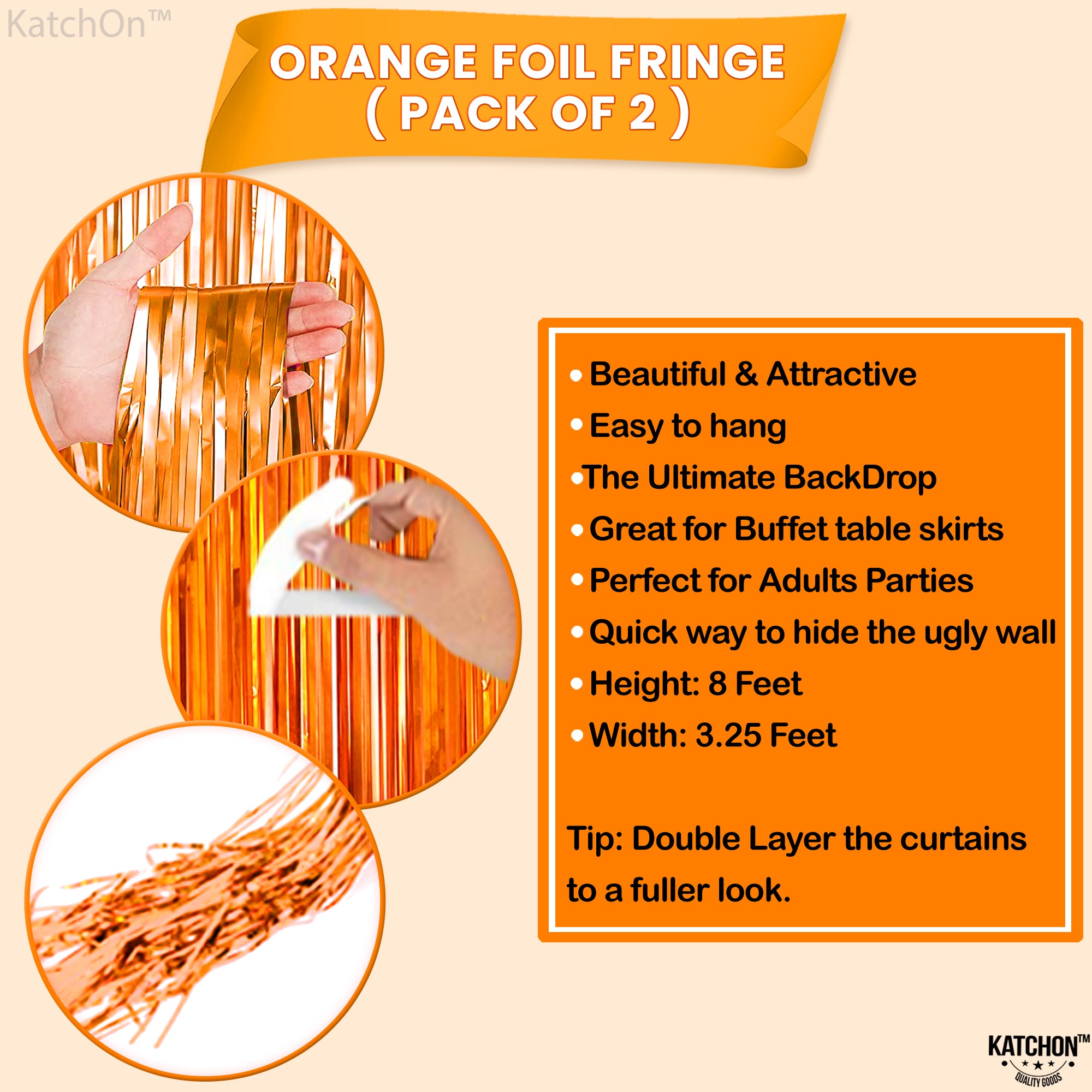 KatchOn, Shiny Orange Fringe Backdrop Curtain - 3.2x8 Feet, Pack of 2 | Foil Orange Backdrop | Orange Streamers for Orange Basketball Party Decorations | Orange Party Decorations | Orange Decorations