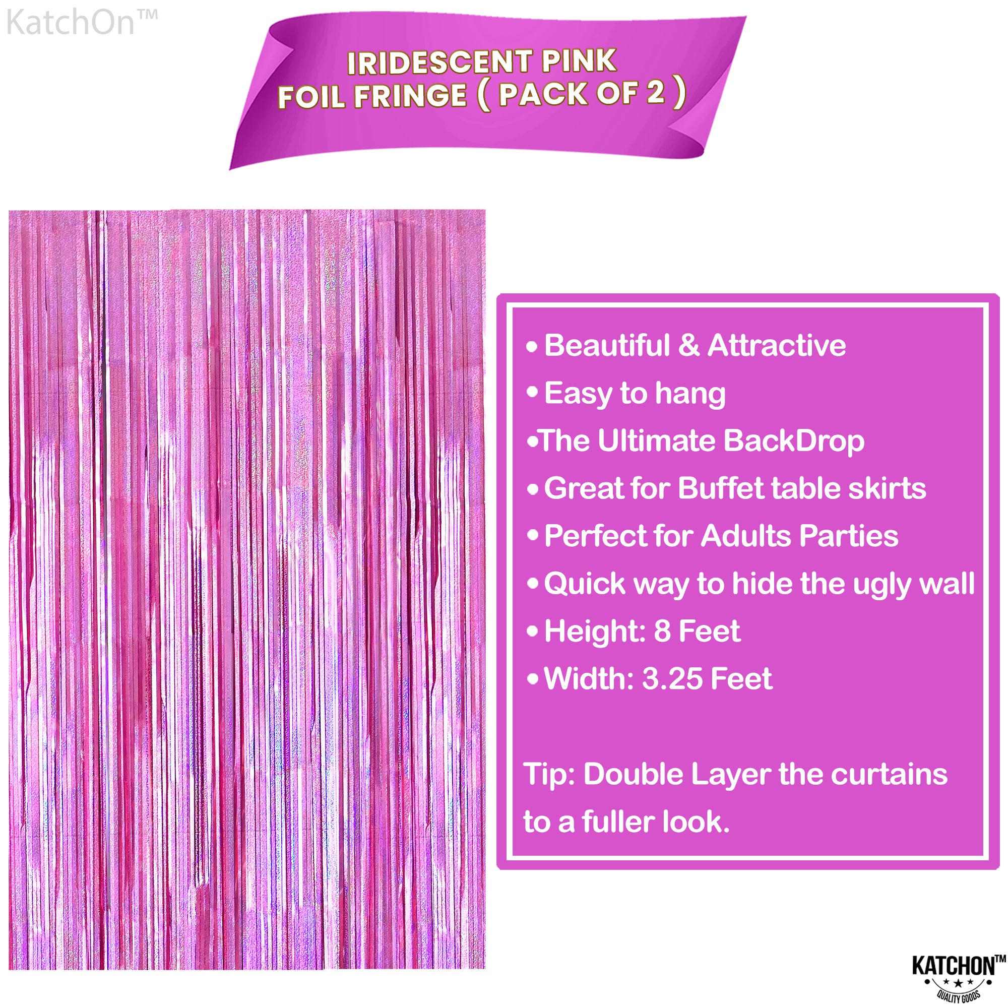 KatchOn Iridescent Pink Backdrop Curtain - XtraLarge 3.2x8 Feet, Pack of 2 | Pink Streamers for Pink Party Decorations | Pink Fringe Backdrop for Valentines Day Decorations, Galentines Day Decorations
