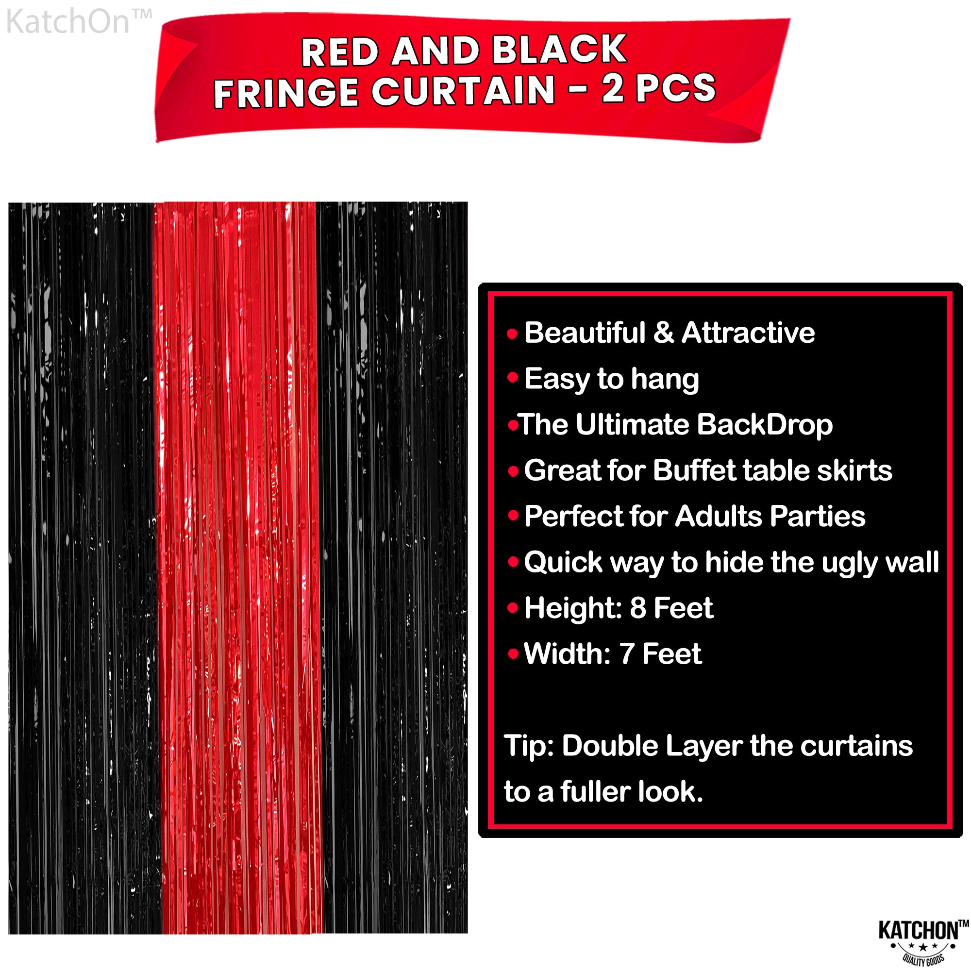 KatchOn, Red and Black Fringe Curtain - 3.2x8 Feet Pack of 2 | Red and Black Party Decorations | Halloween Backdrop for Halloween Decorations | Casino Theme Party Decorations