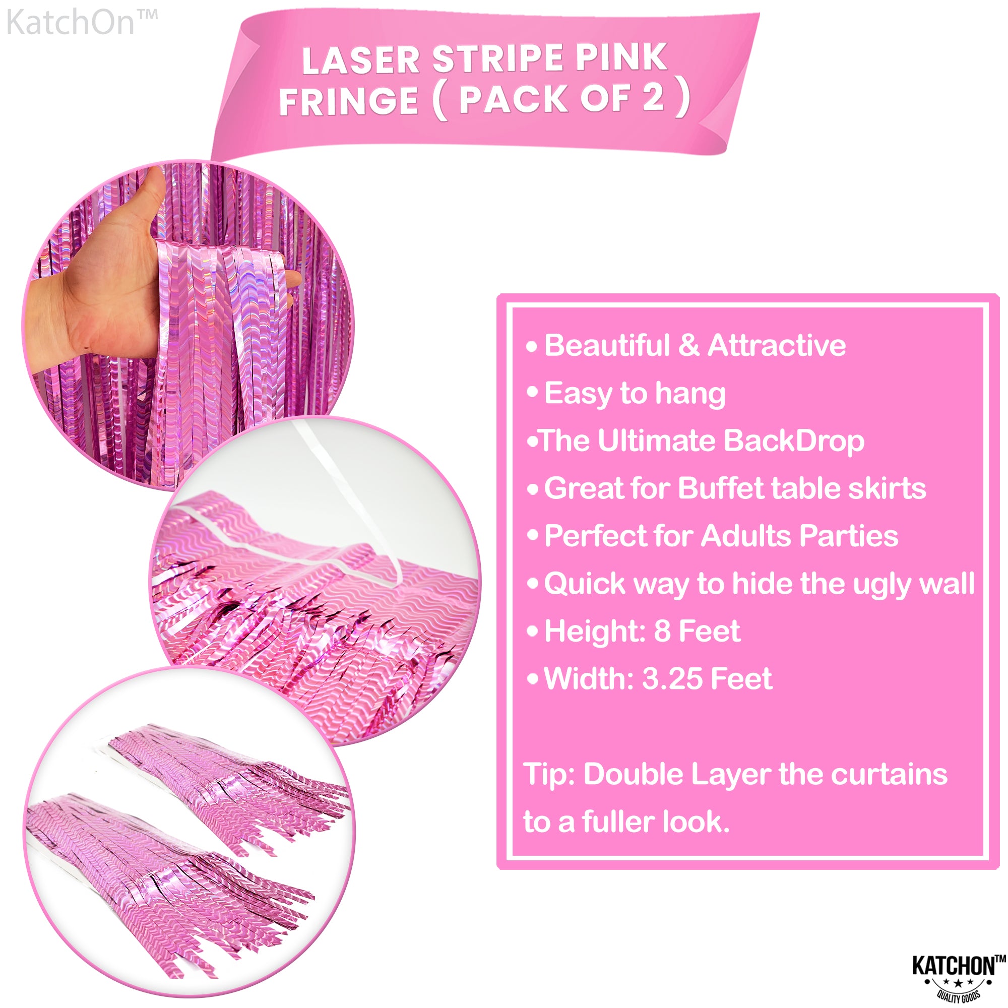 KatchOn, Laser Pink Backdrop Curtain - Large, 3.2x8 Feet, Pack of 2 | Laser Pink Streamers for Pink Party Decorations | Pink Fringe Backdrop for Galentines Day Decorations, Valentines Day Decorations,