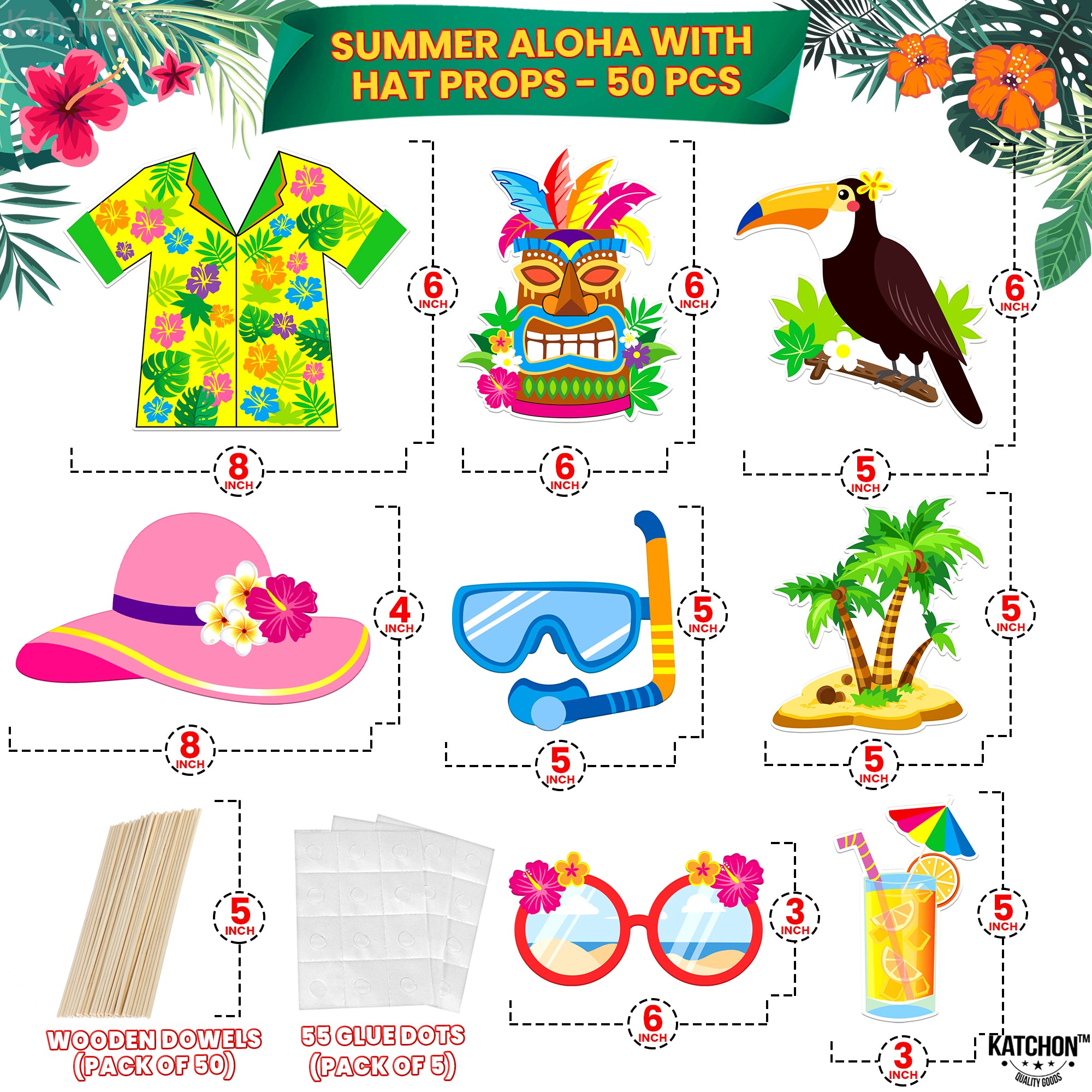 KatchOn, Tropical Hawaiian Photo Booth Props - Pack of 50, Luau Party Decorations | Luau Photo Booth Props for Hawaiian Party Decorations | Luau Photo Props, Hawaiian Props for Aloha Party Decorations