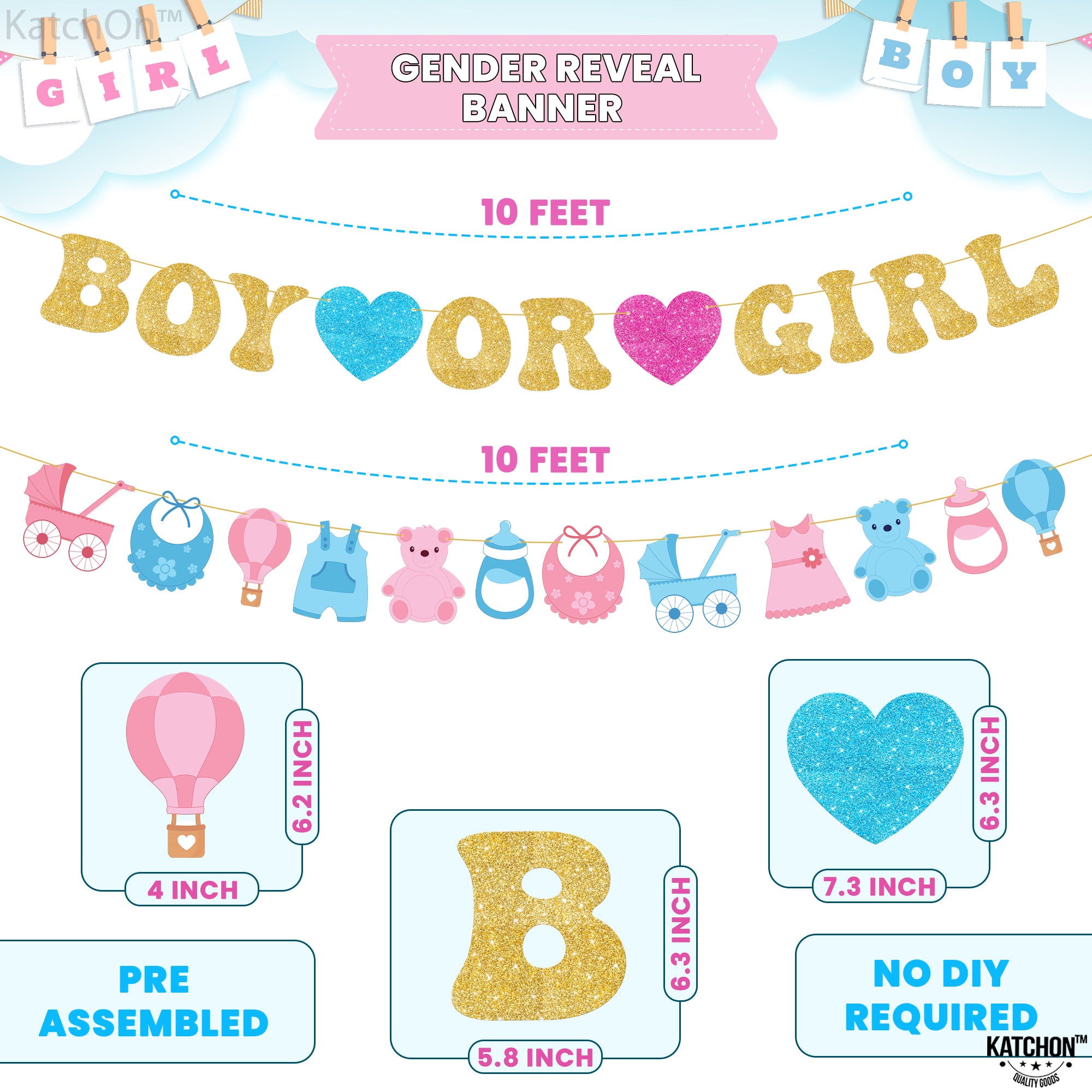 KatchOn, Glitter Boy or Girl Gender Reveal Banner - 10 Feet, No DIY | Boy or Girl Banner for Baby Gender Reveal Decorations | Gender Reveal Signs for Baby Shower Decorations | Gender Reveal Backdrop