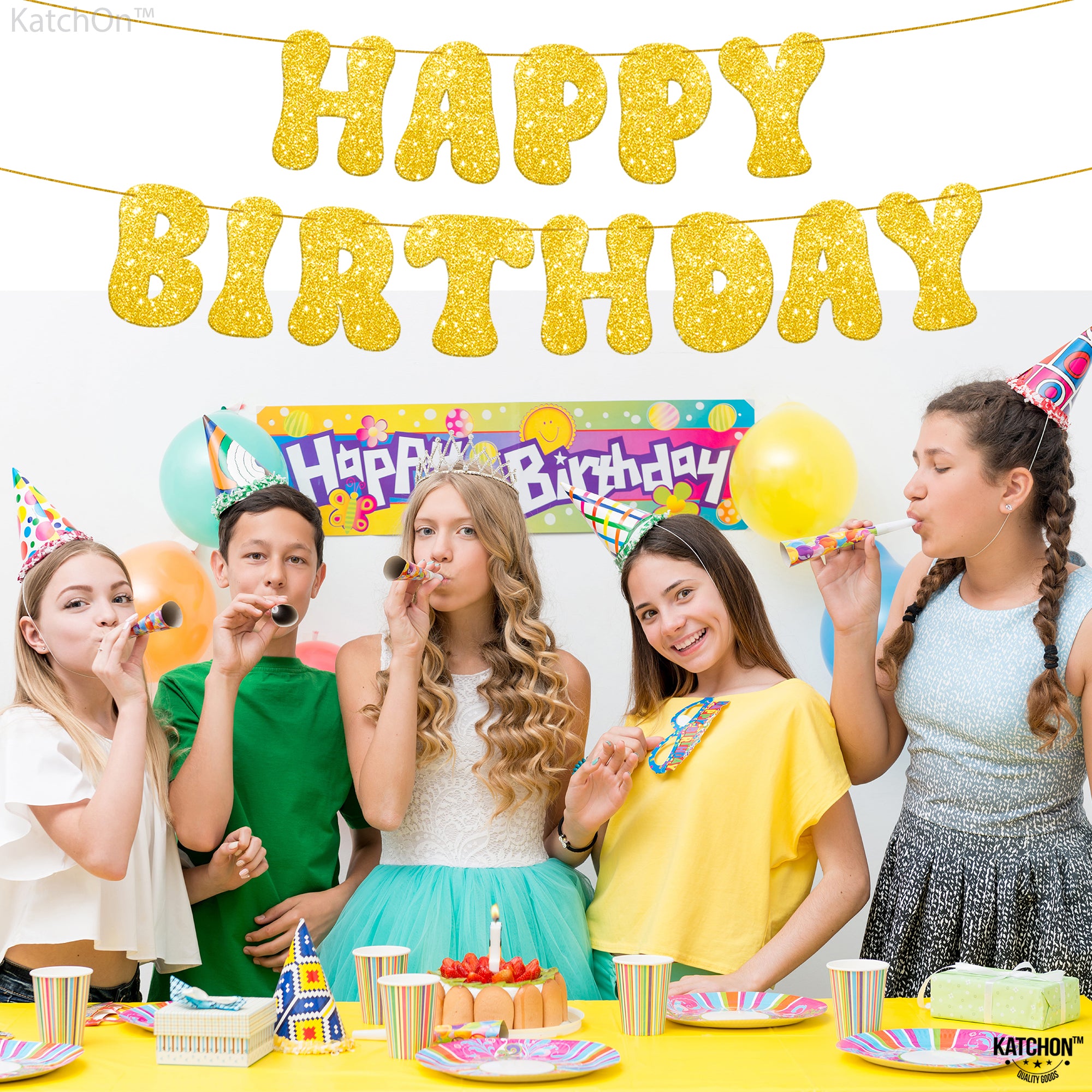 KatchOn, Glitter Gold Happy Birthday Banner Prestrung - 10 Feet | Gold Happy Birthday Sign | Gold Birthday Banner for Happy Birthday Decorations | Happy Birthday Gold Banner for Gold Birthday Decor