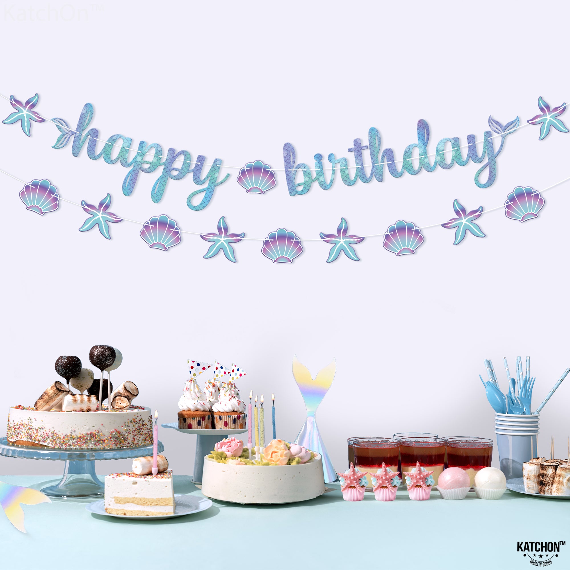KatchOn, Blue Happy Birthday Banner - 10 Feet, No DIY | Mermaid Birthday Decorations, Happy Birthday Sign, Mermaid Happy Birthday Banner | Mermaid Birthday Banner for Under The Sea Party Decorations