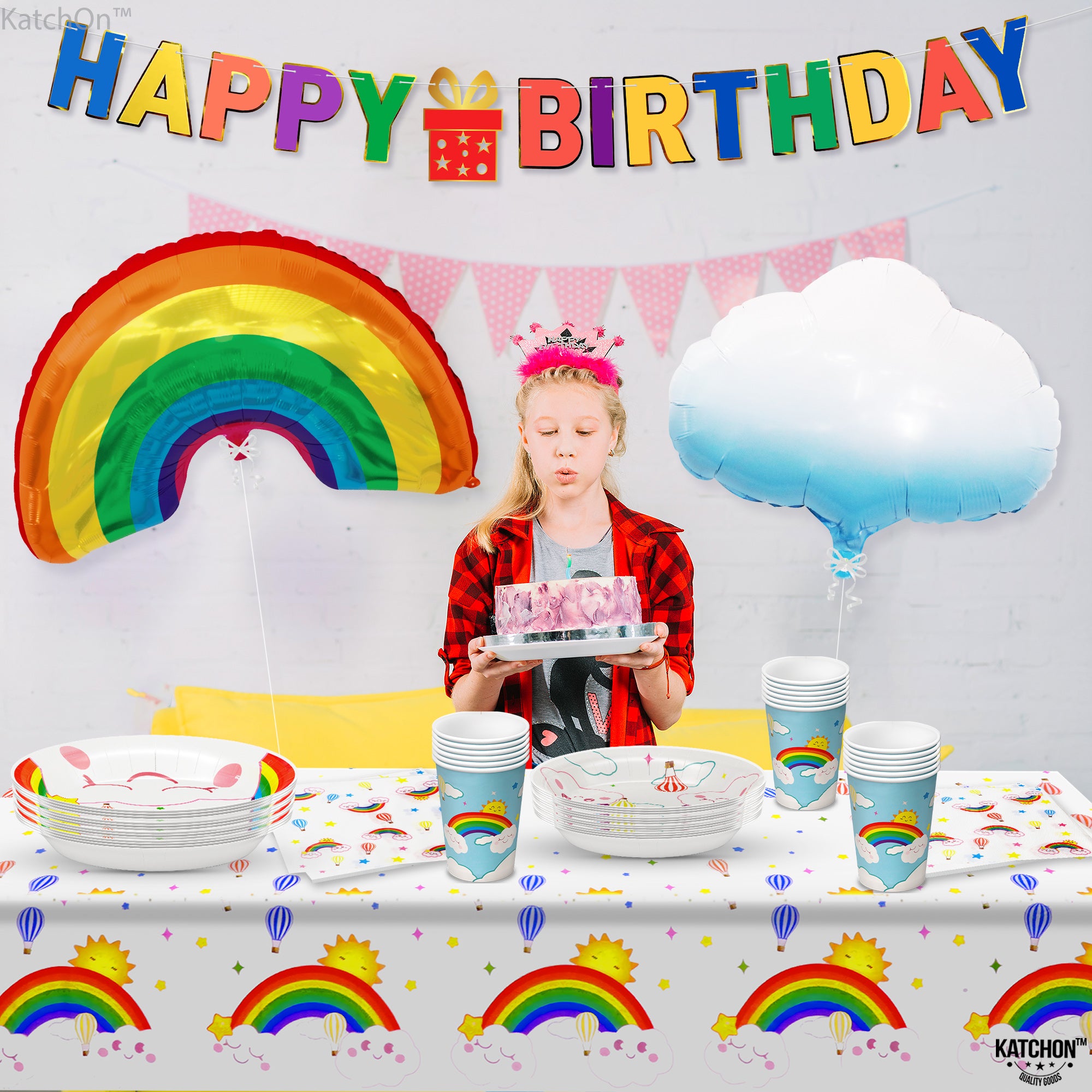 KatchOn, Rainbow Birthday Party Decorations - Huge Pack of 105, Serve 25 | Rainbow Happy Birthday Banner for Rainbow Unicorn Birthday Decorations | Cloud Foil Balloons for Rainbow Party Decorations