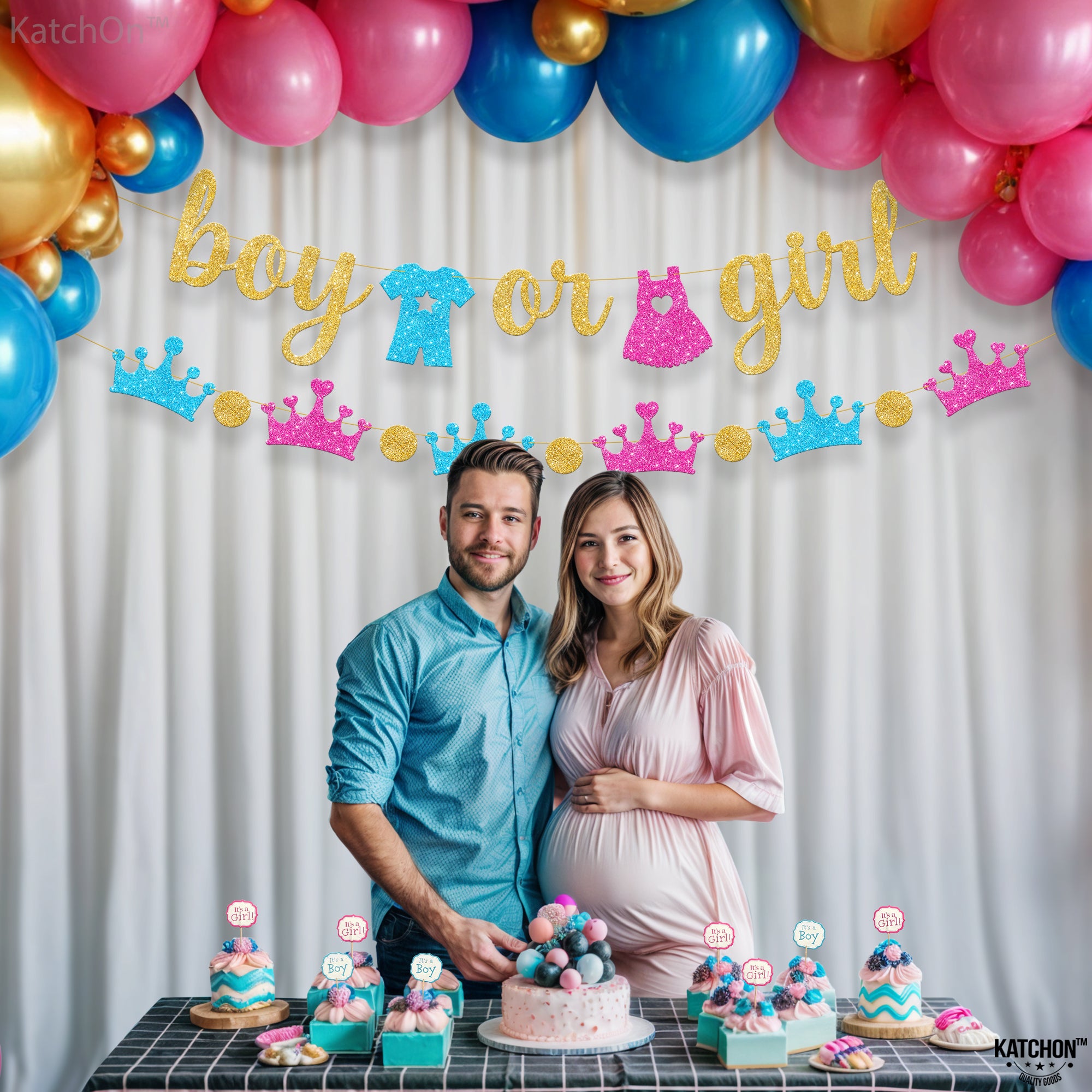 KatchOn, Glitter Boy or Girl Gender Reveal Banner - 10 Feet, No DIY | Boy or Girl Banner for Baby Gender Reveal Decorations | Boy or Girl Sign for Backdrop | Boy Girl Banner, Baby Shower Decorations