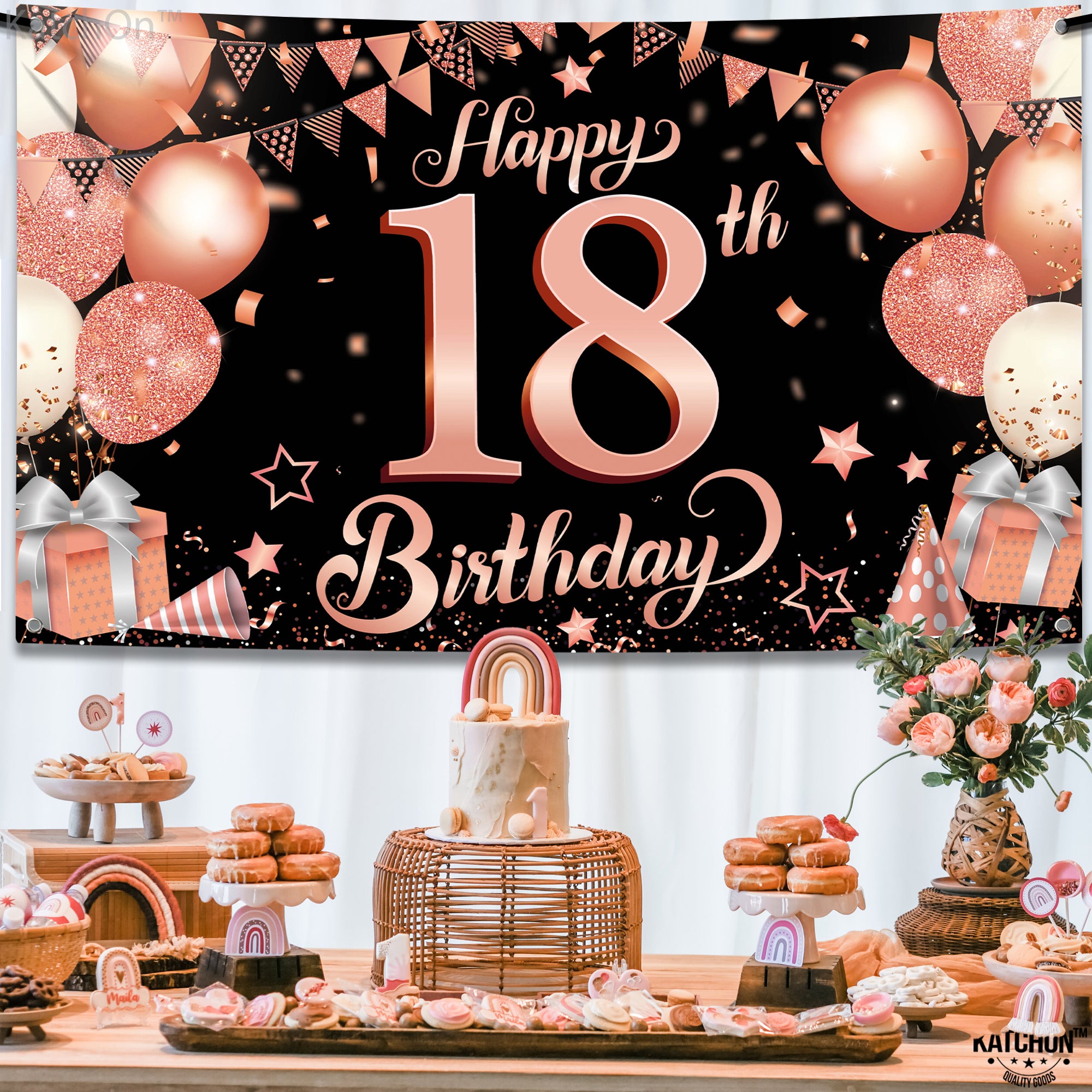 KatchOn, Rose Gold Happy 18th Birthday Banner - Large, 72x44 Inch | Rose Gold and Black Happy 18th Birthday Decorations for Girls | Pink Happy 18th Birthday Backdrop, 18th Birthday Party Decorations