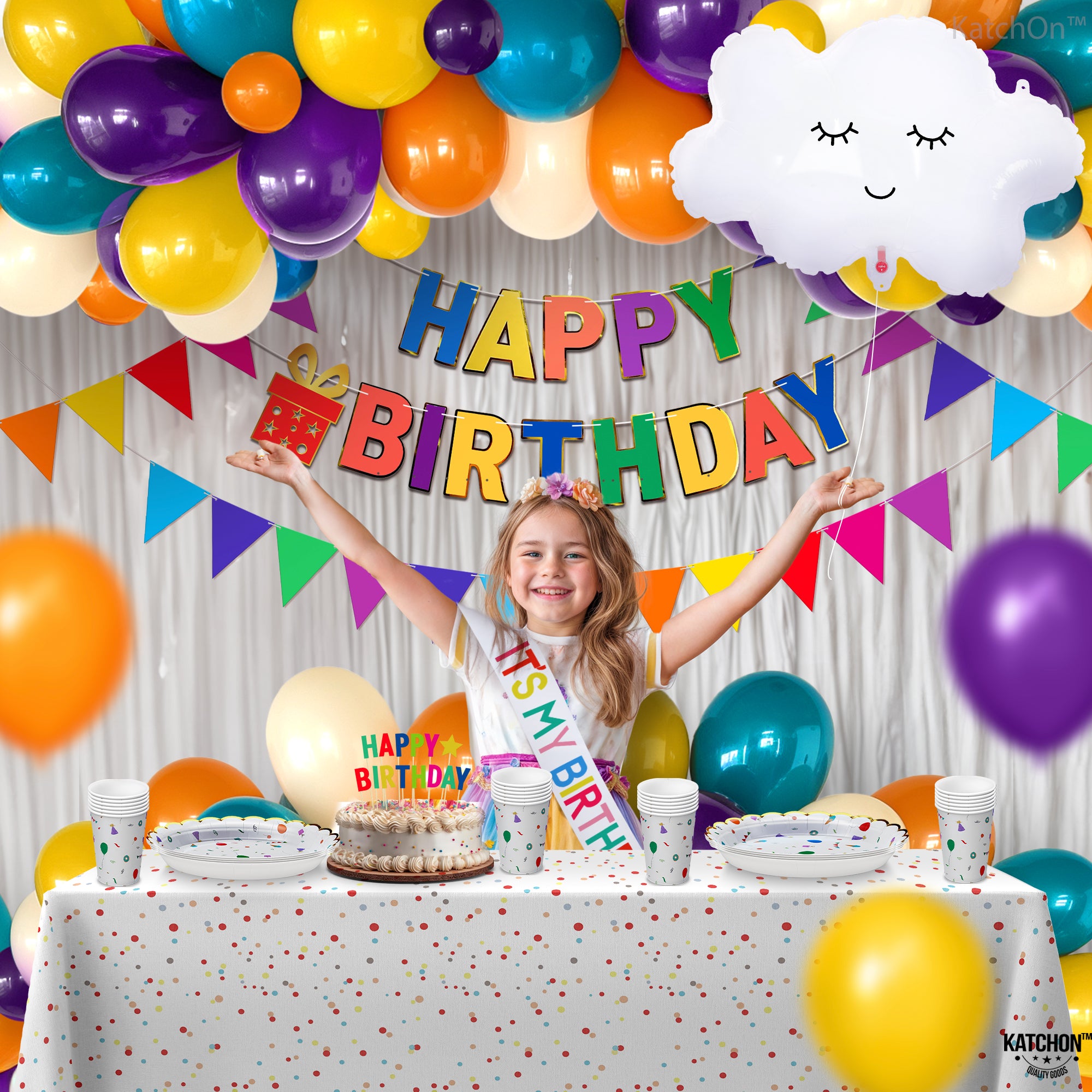 KatchOn, Rainbow Happy Birthday Decorations - 149 Pcs, Serve 25 | Rainbow Party Supplies | Rainbow Birthday Decorations | Happy Birthday Banner | Rainbow Birthday Party Decorations | Rainbow Party Kit