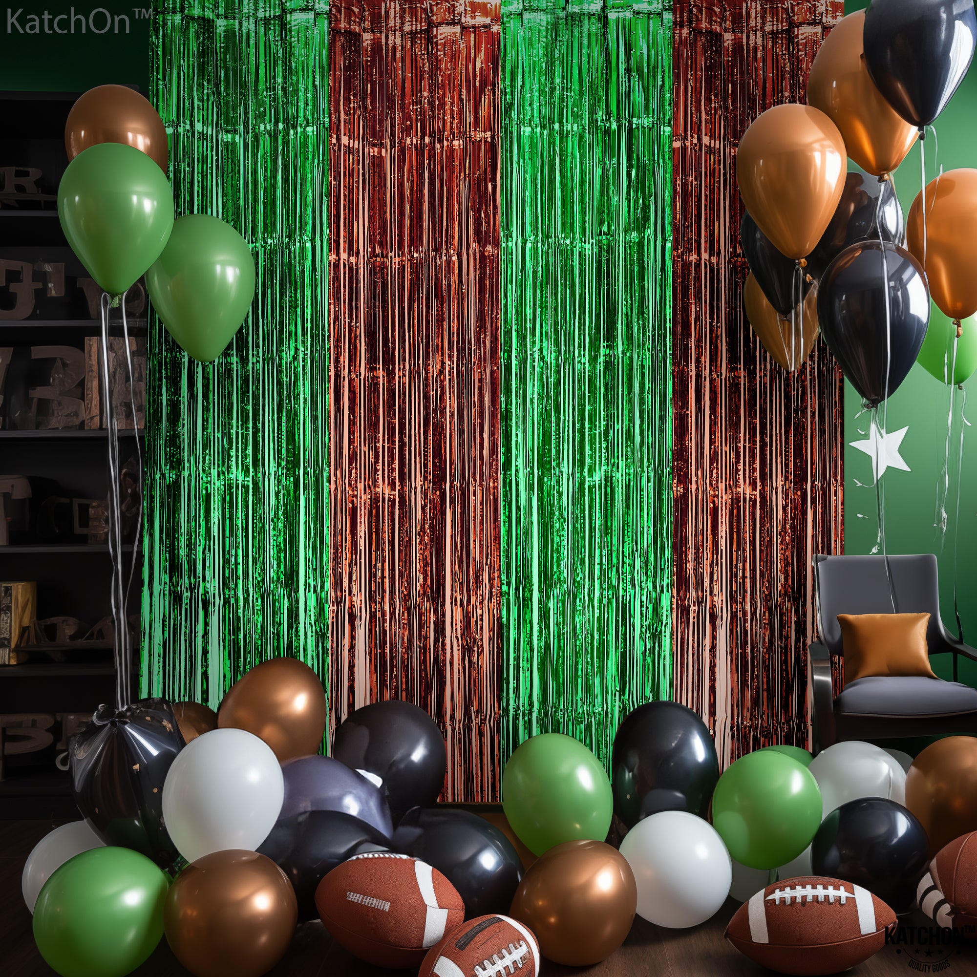 KatchOn, Large 13x8 Feet Green and Brown Fringe Backdrop - Pack of 4 Football Streamers | Football Backdrop, Football Party Decorations | Football Party Backdrop, Football Birthday Party Decorations
