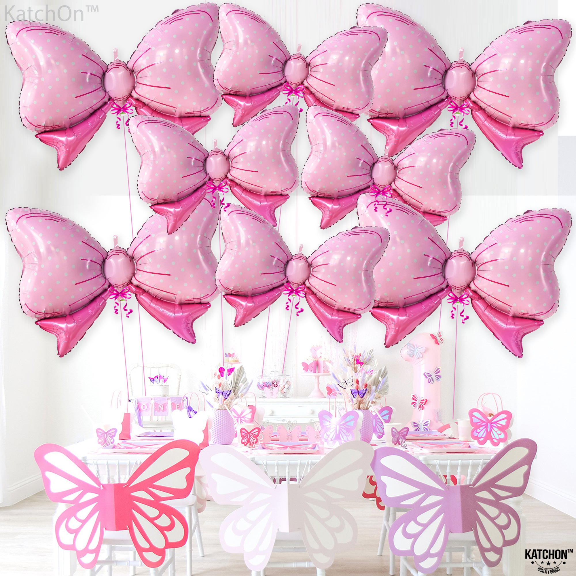 KatchOn, Giant Pink Bow Balloons - 35 Inch, Pack of 8 | Baby Shower Decorations for Girl | Bow Foil Balloons, Girls Gender Reveal Decorations | Pink Bow Birthday Decorations | Bow Themed Decorations
