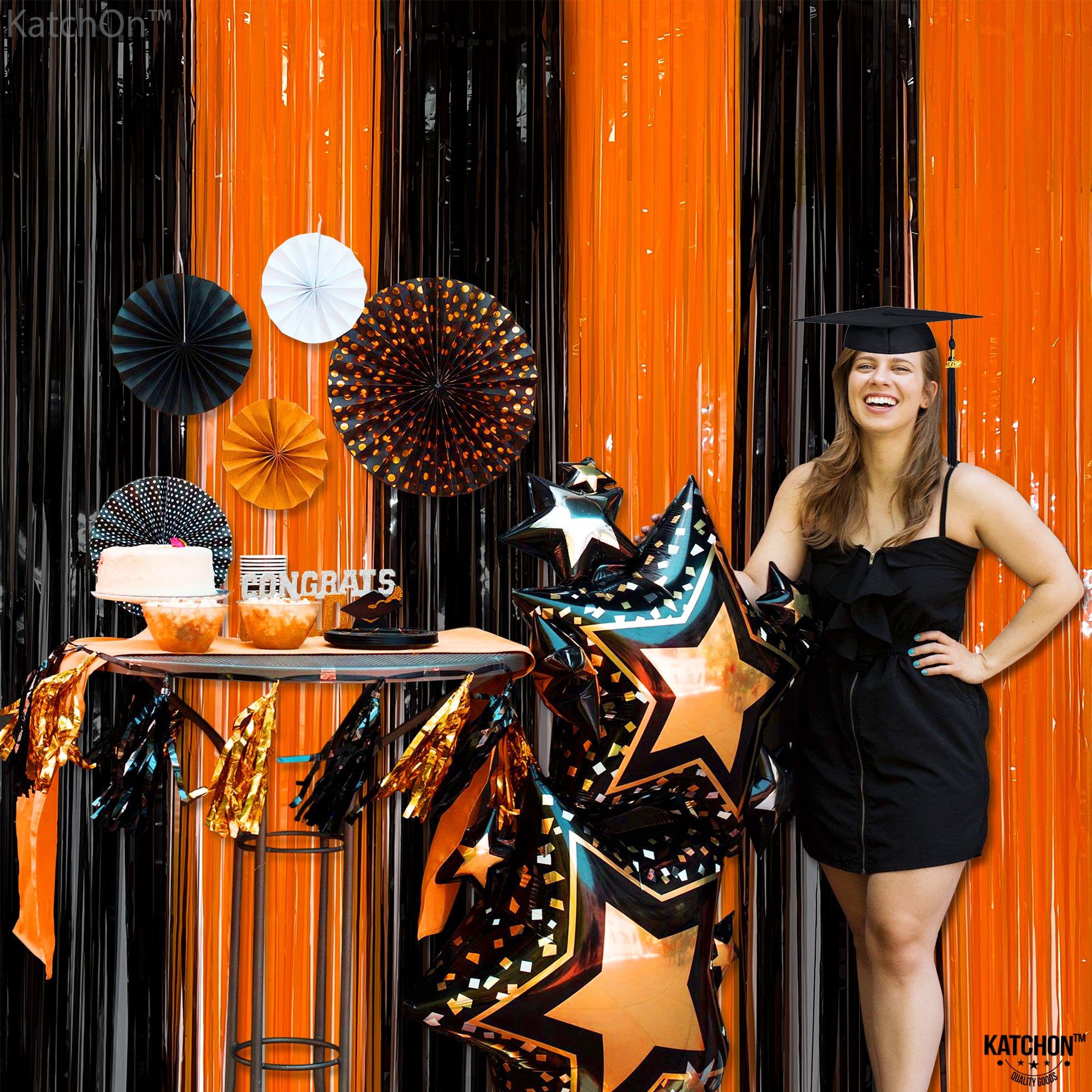 KatchOn, Black and Orange Foil Fringe Curtain - XtraLarge 3.2x8 Feet, Pack of 2 | Black and Orange Streamers, Halloween Decorations | Orange and Black Fringe Backdrop for Summerween Decorations